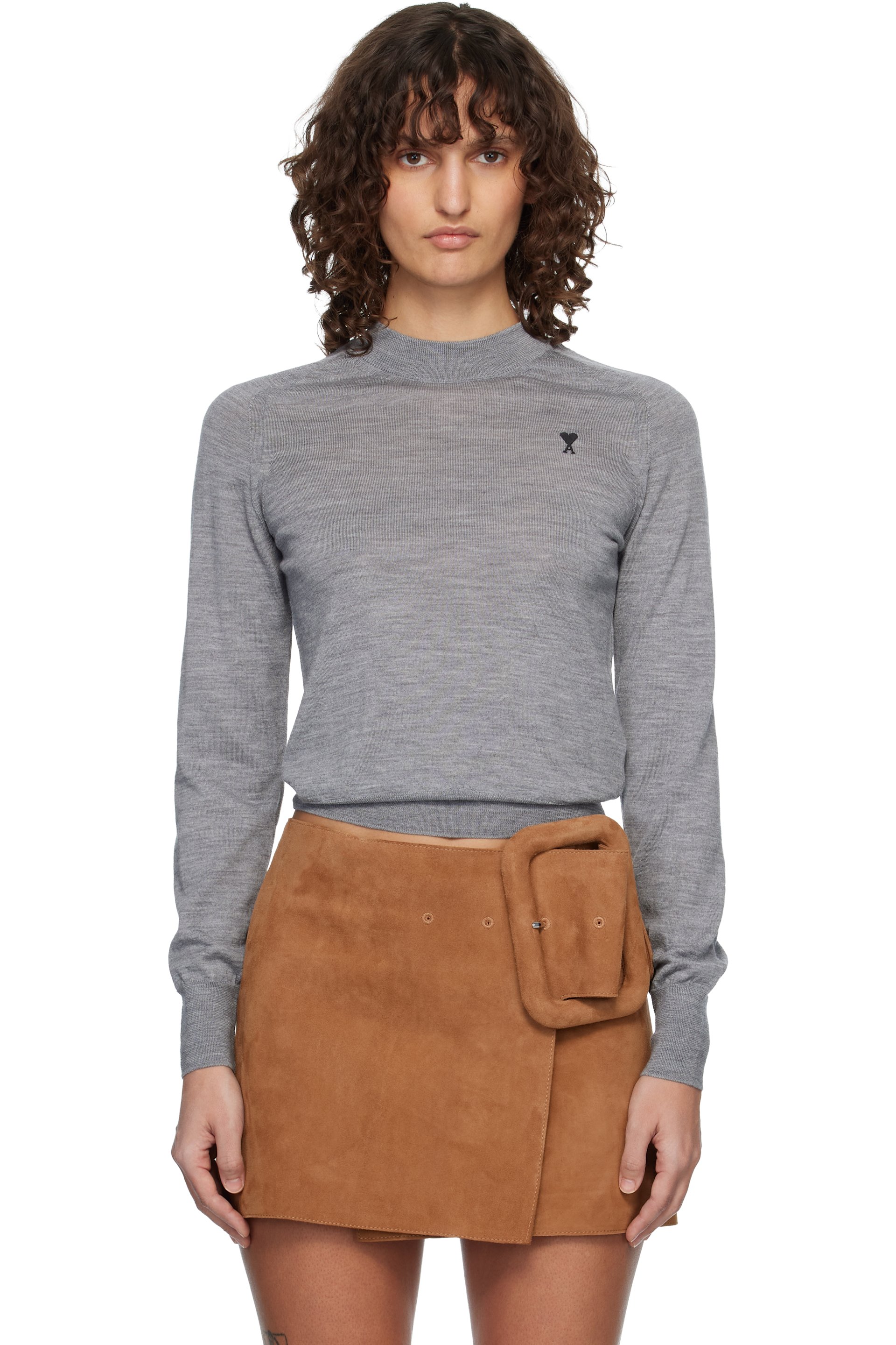 AMI Paris - Pull gris en laine à col ras du cou et à logo Ami de cœur
