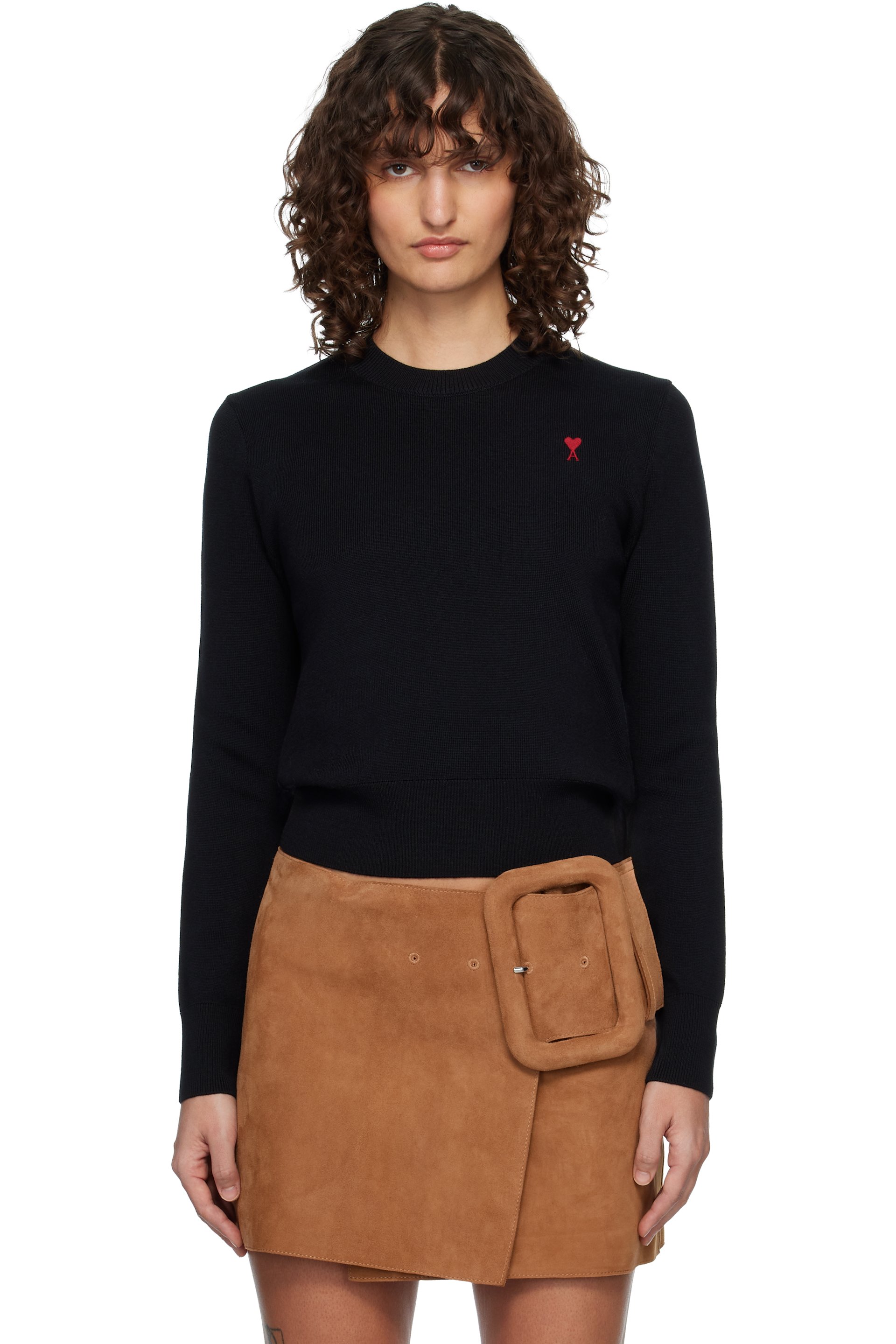 AMI Paris - Pull noir en laine à logo Ami de cœur et à col ras du cou