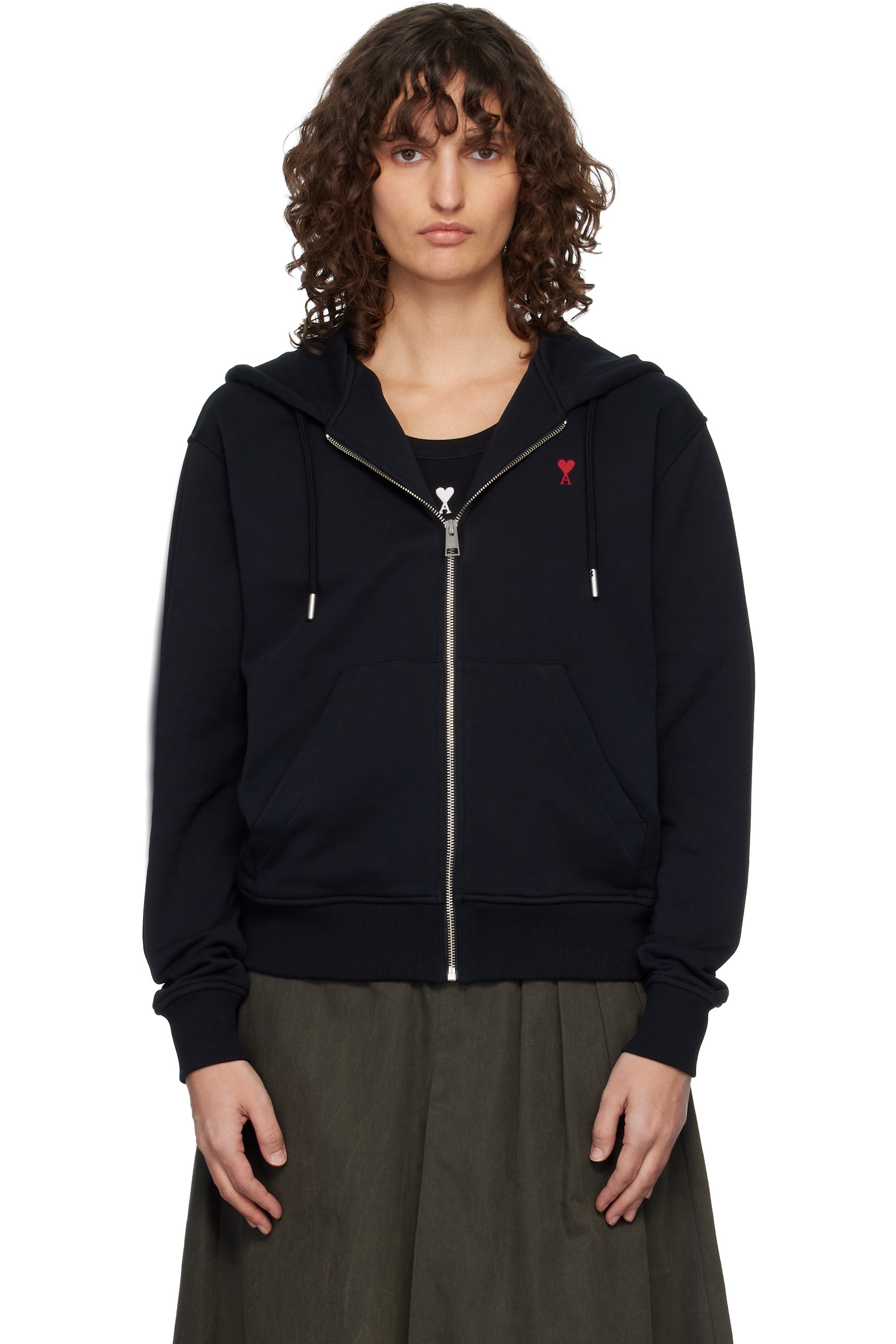 AMI Paris - Pull à capuche noir à logo Ami de cœur et à glissière