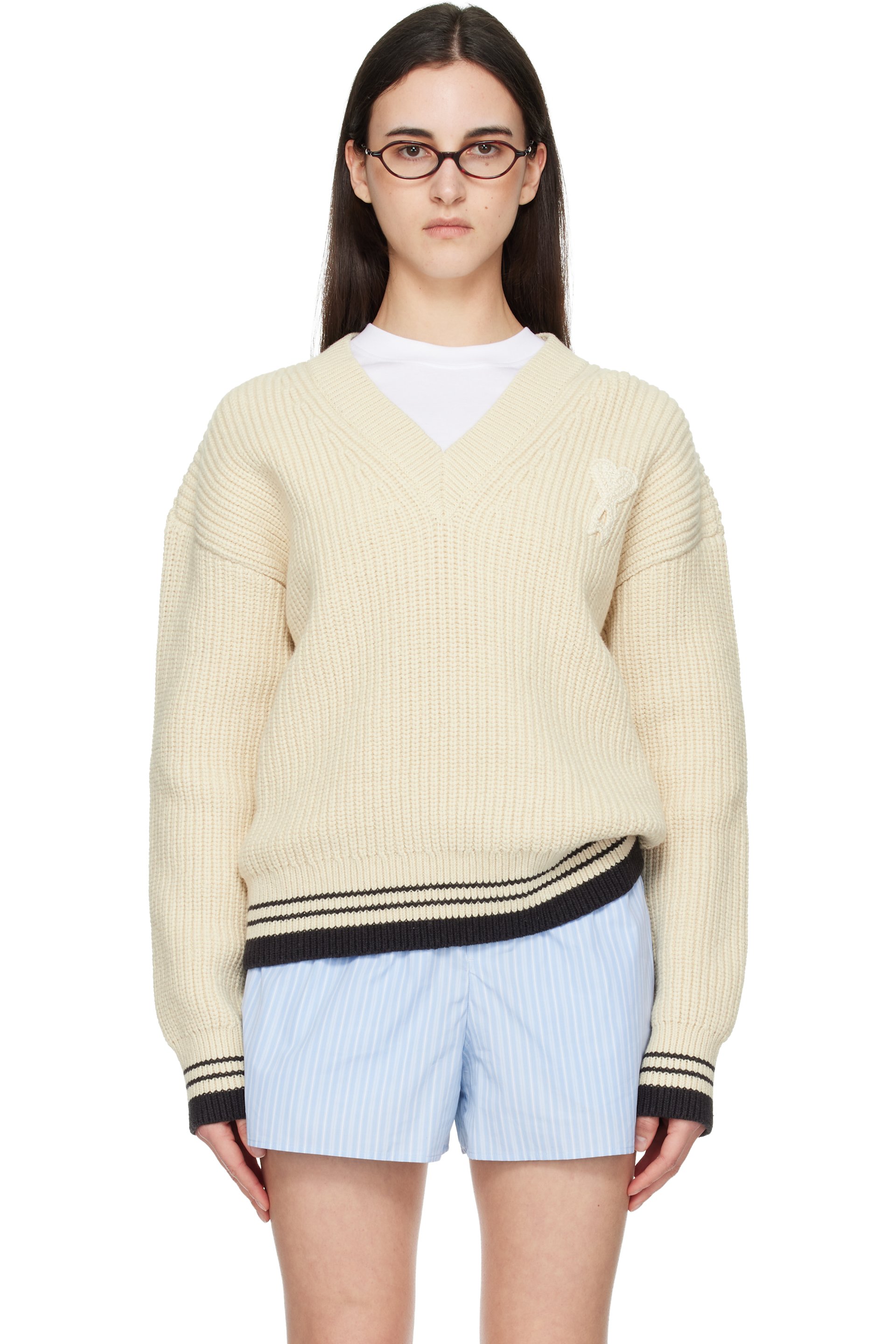 AMI Paris - White Ribbed Wool V Neck Ami de Coeur Sweater