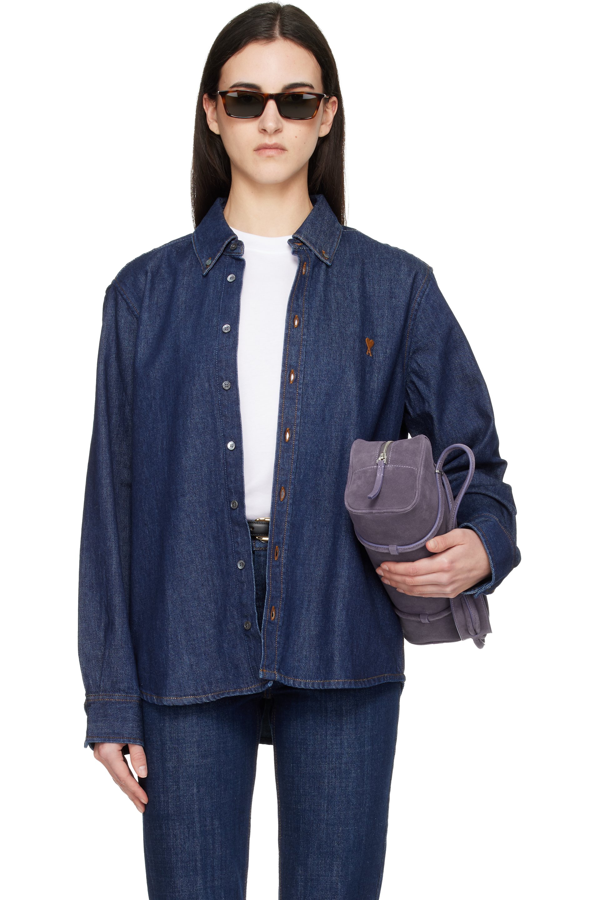 AMI Paris - Chemise bleue en denim de coton à logo Ami de cœur