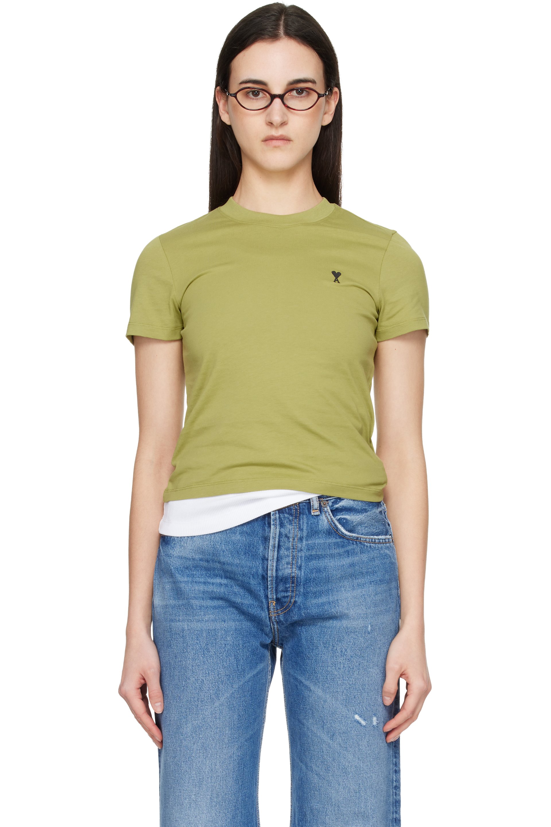 AMI Paris - T-shirt écourté vert en coton à logo Ami de cœur