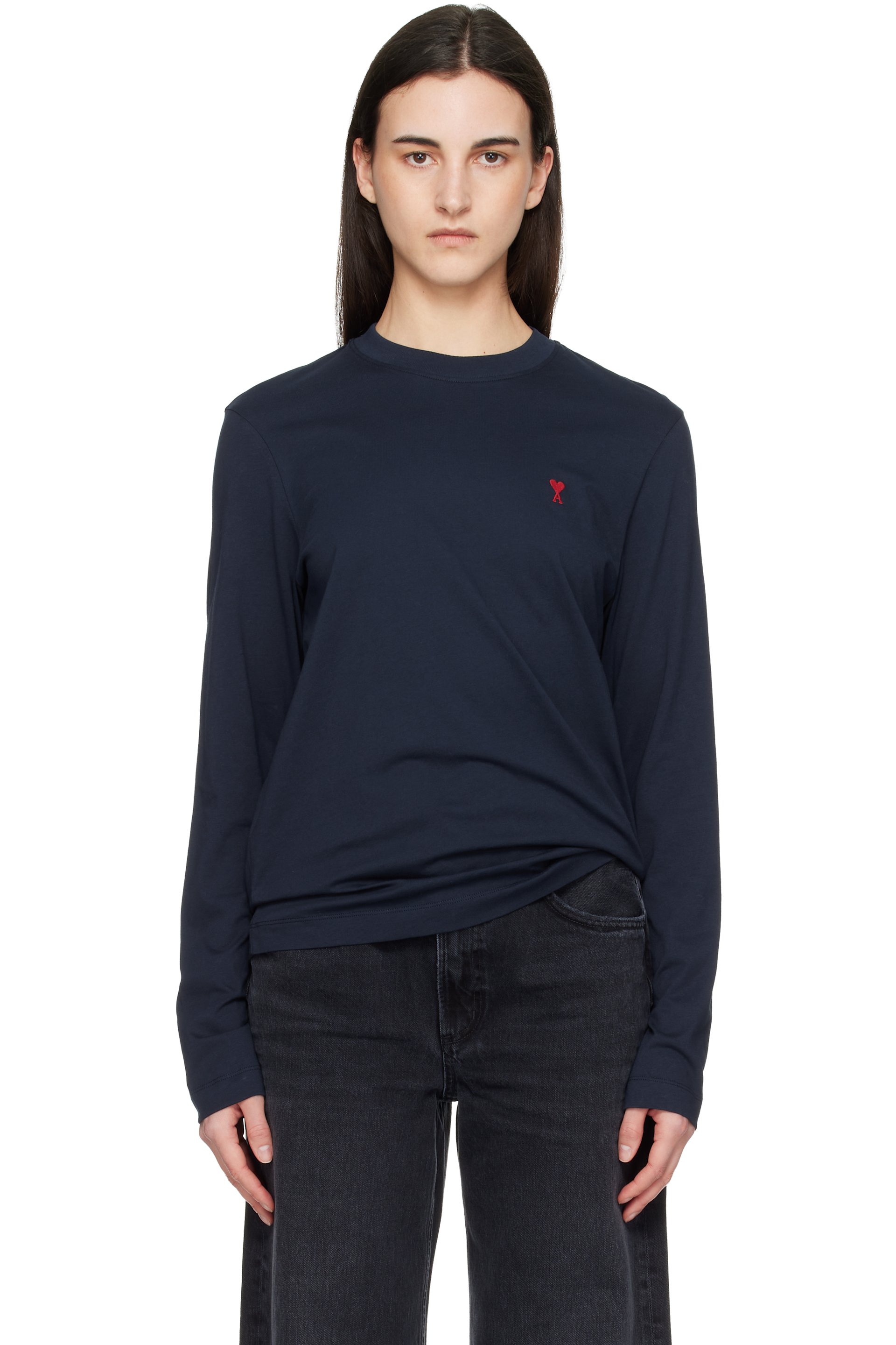 AMI Paris - T-shirt à manches longues bleu marine en coton à logo Ami de cœur