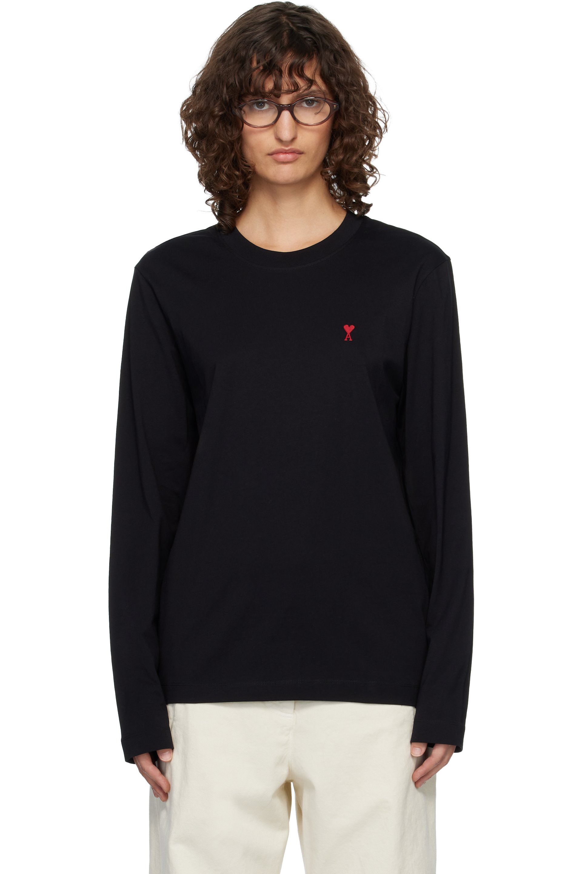 【M】【新品】AMI PARIS ロングTシャツ 長袖 黒 M AMI Paris: Black Ami de Coeur Long Sleeves T-shirt | SSENSE