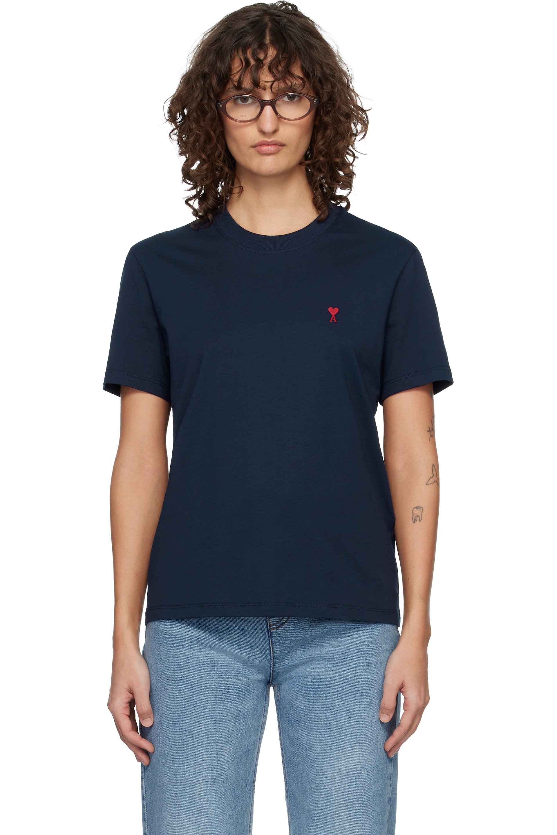 AMI Paris - T-shirt bleu marine à logo Ami de cœur