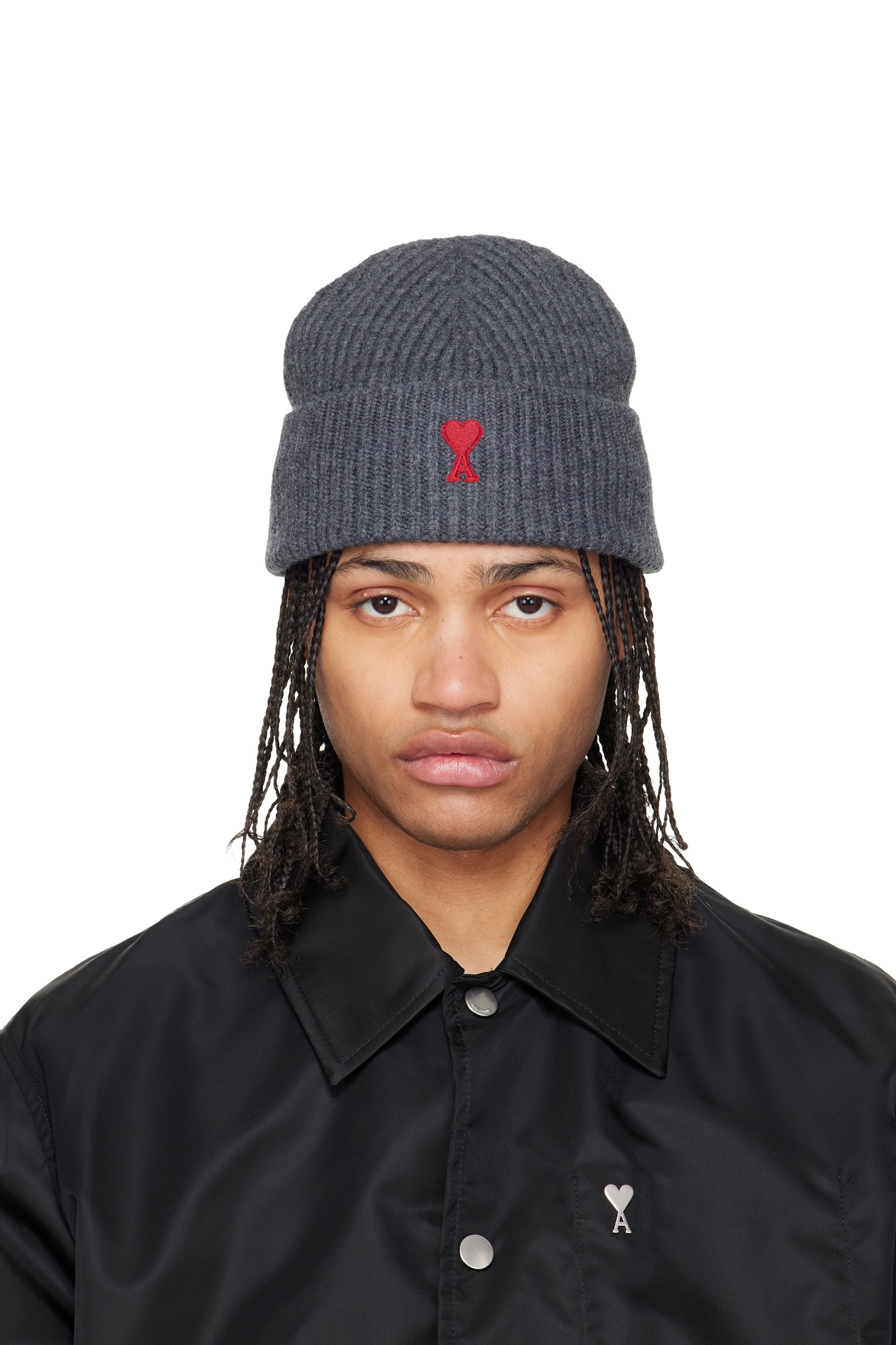AMI Paris: Gray Wool Contrasted Ami de Coeur Beanie | SSENSE