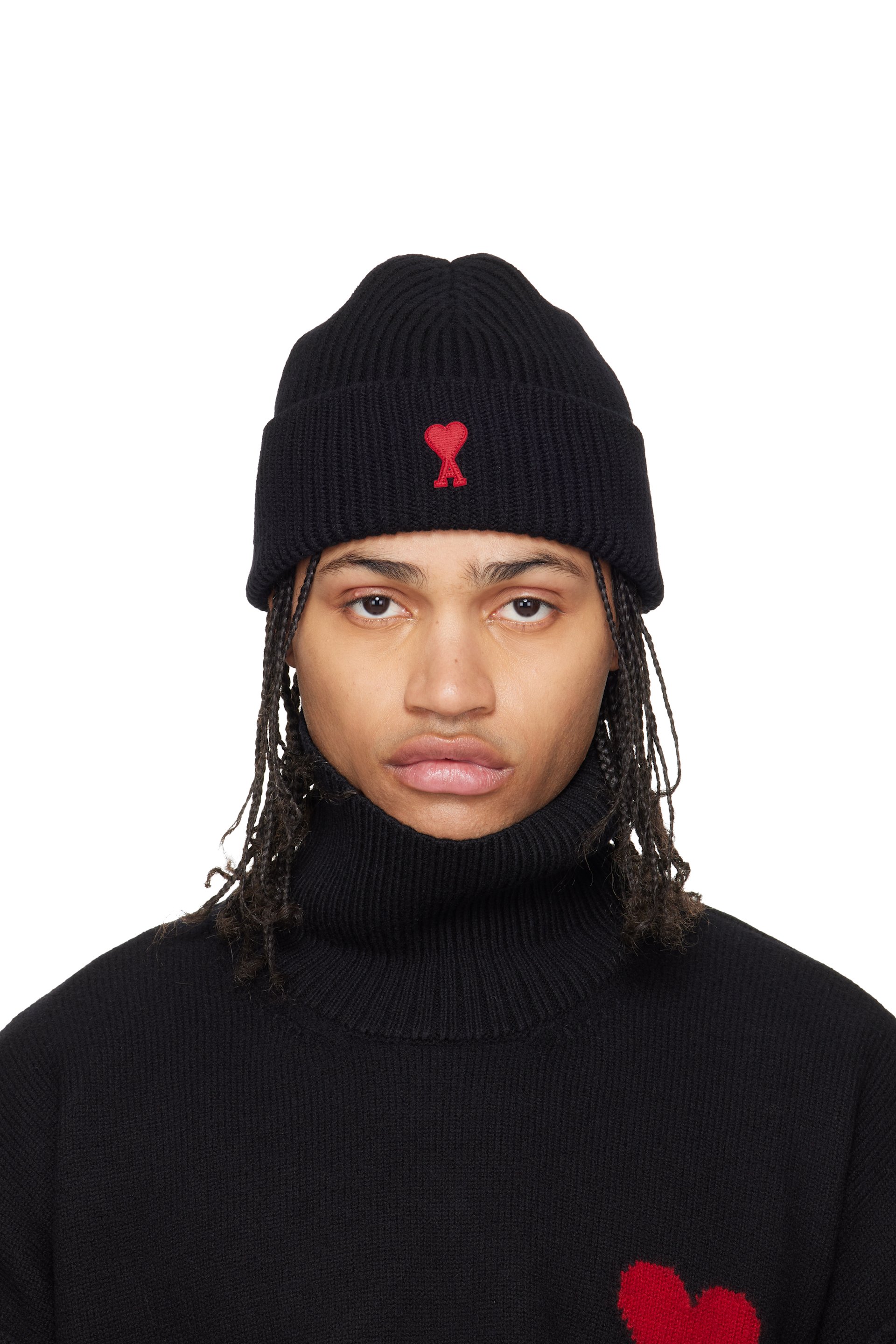 AMI Paris: Black Wool Contrasted Ami de Coeur Beanie | SSENSE