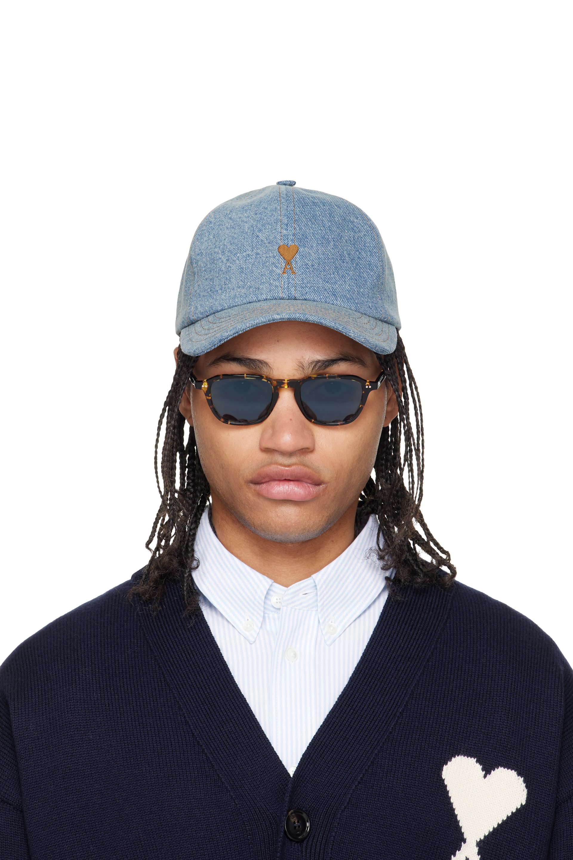 AMI Paris: Blue Denim Ami de Coeur Embroidery Cap | SSENSE