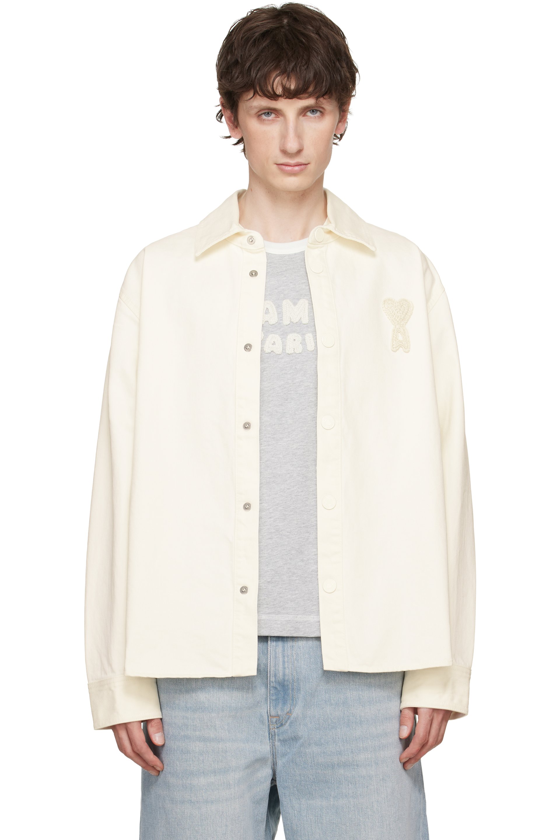 AMI Paris - White Cotton Knitted 'Ami de Coeur' Overshirt