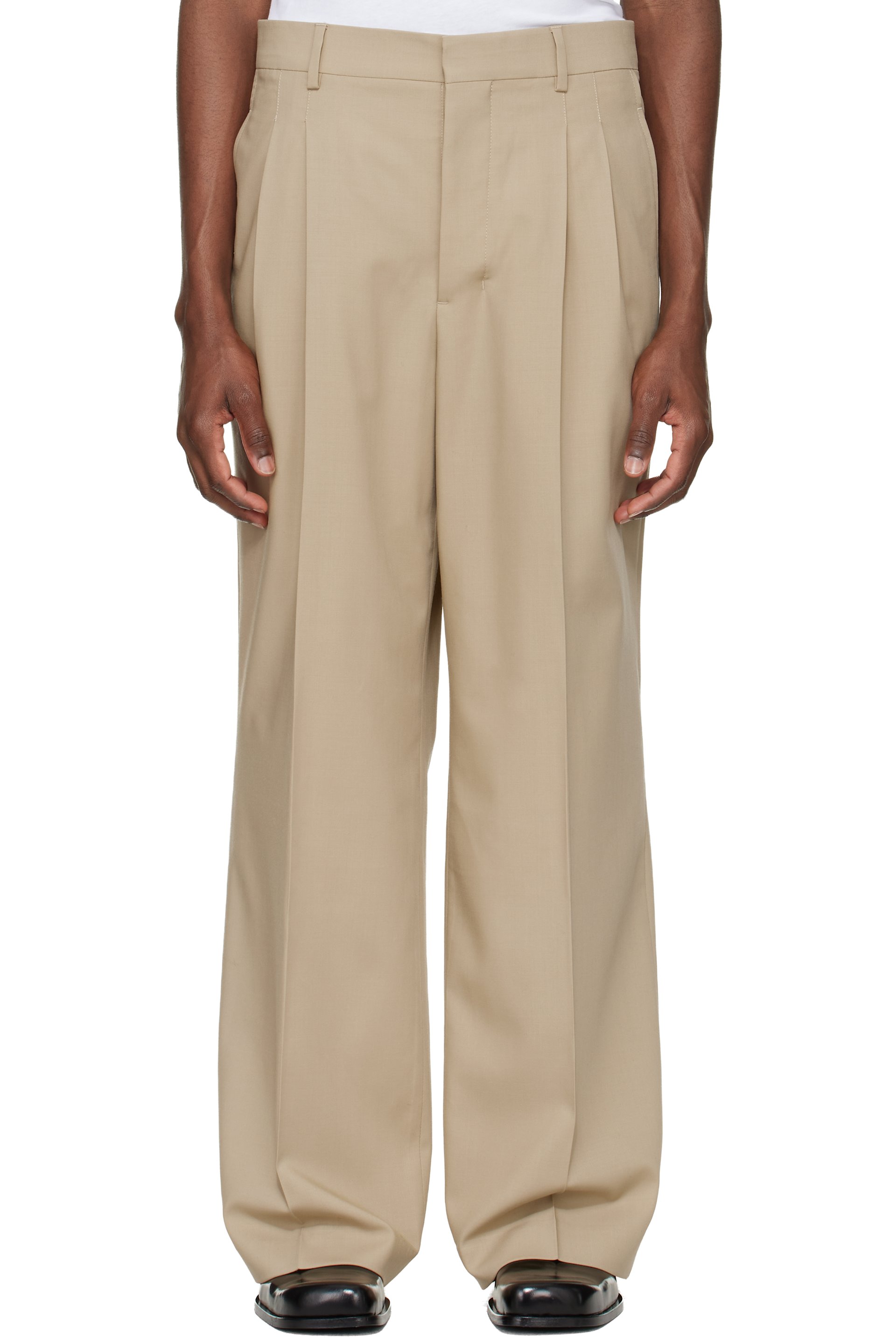 AMI Paris - Beige New Wool Low Waist Wide Trousers