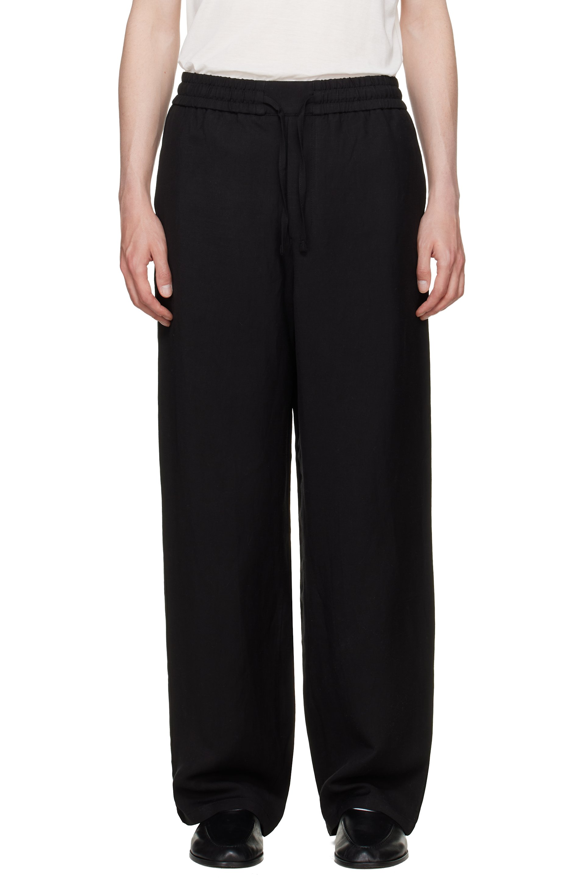 AMI Paris - Black Blended Linen Elasticated Waist Trousers