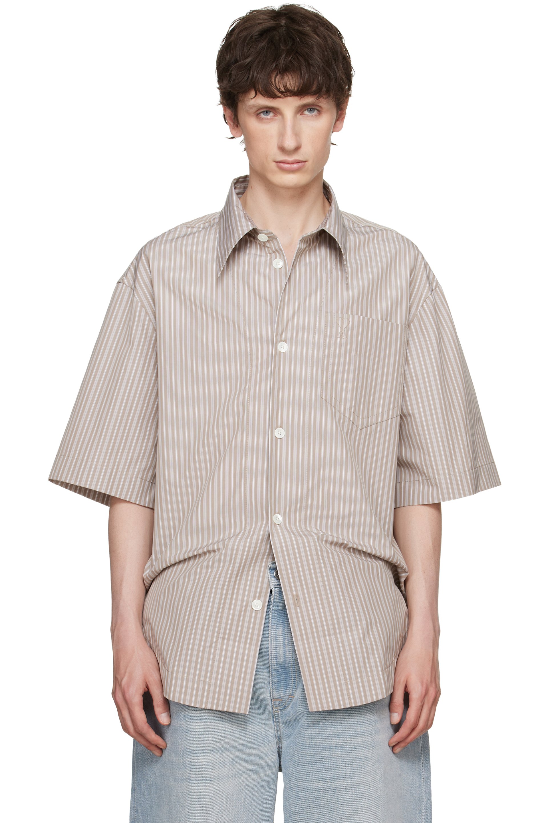 AMI Paris - Beige Striped 'Ami de Coeur' Wide Shirt