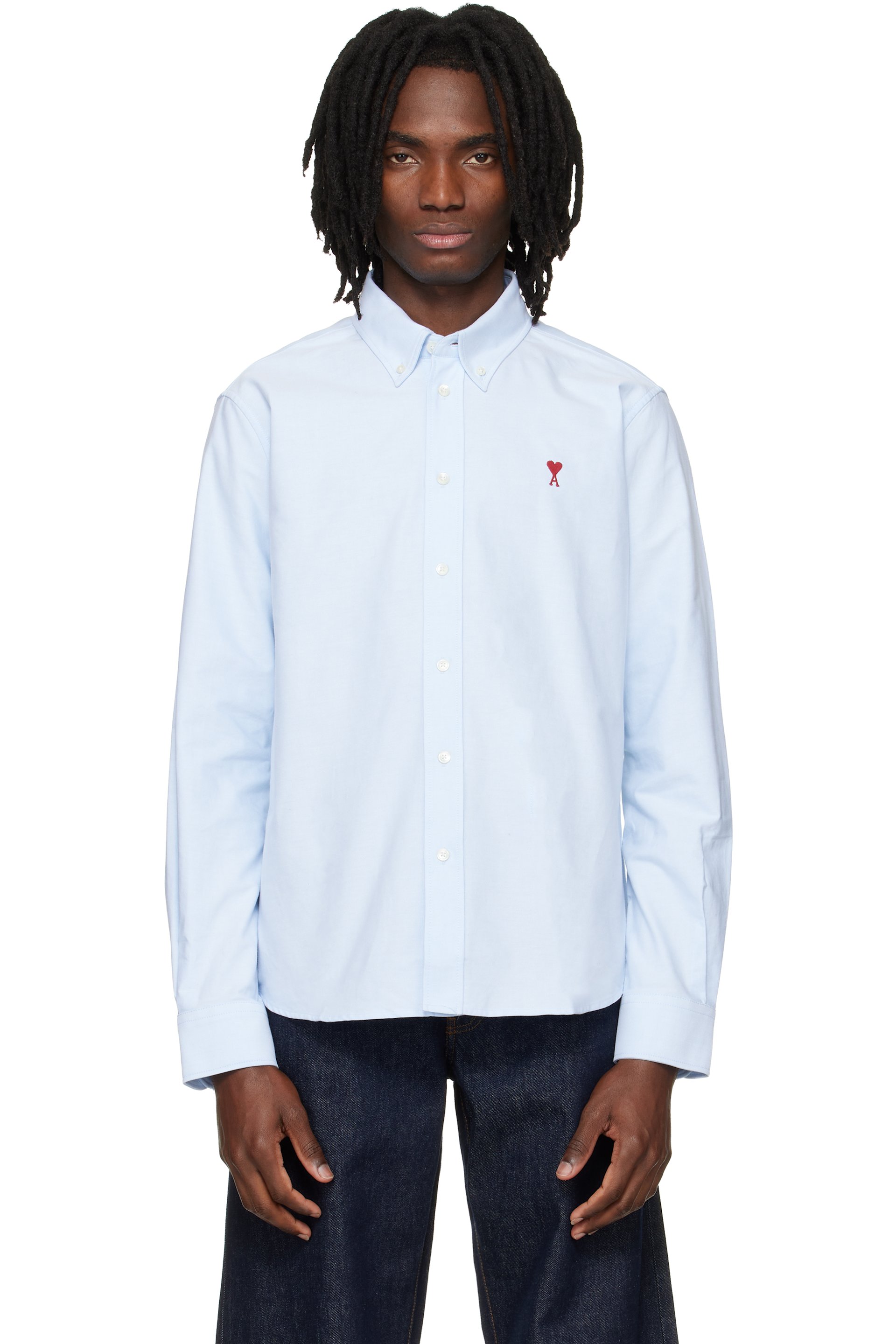 AMI Paris - Blue Classic Long Sleeve Button-Down Collar Embroidered ADC Shirt