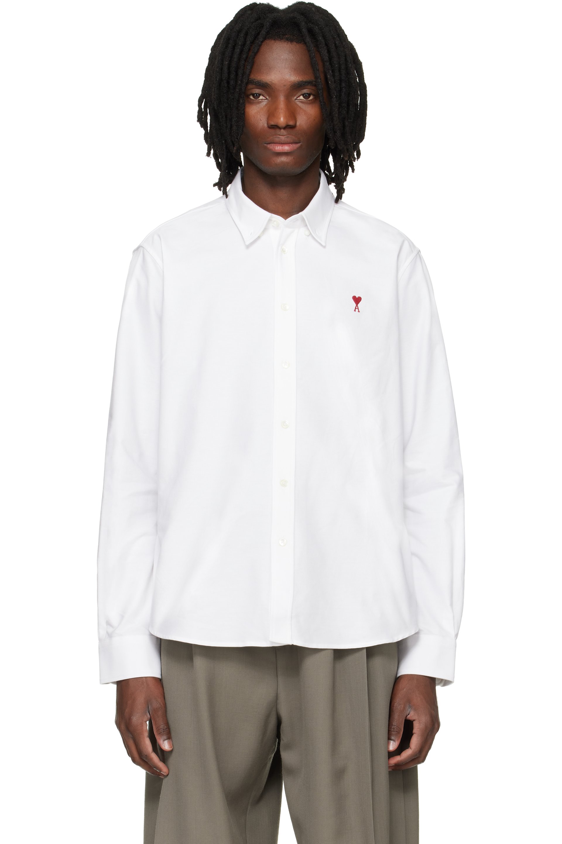 AMI Paris - White Classic Long Sleeve Button-Down Collar Embroidered ADC Shirt