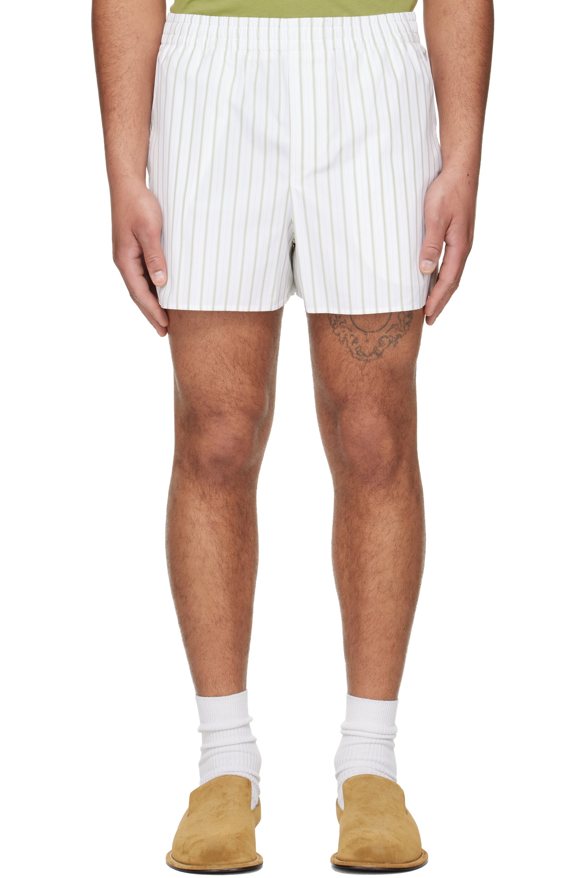 AMI Paris - Off-White & Green Cotton Elasticated Shorts