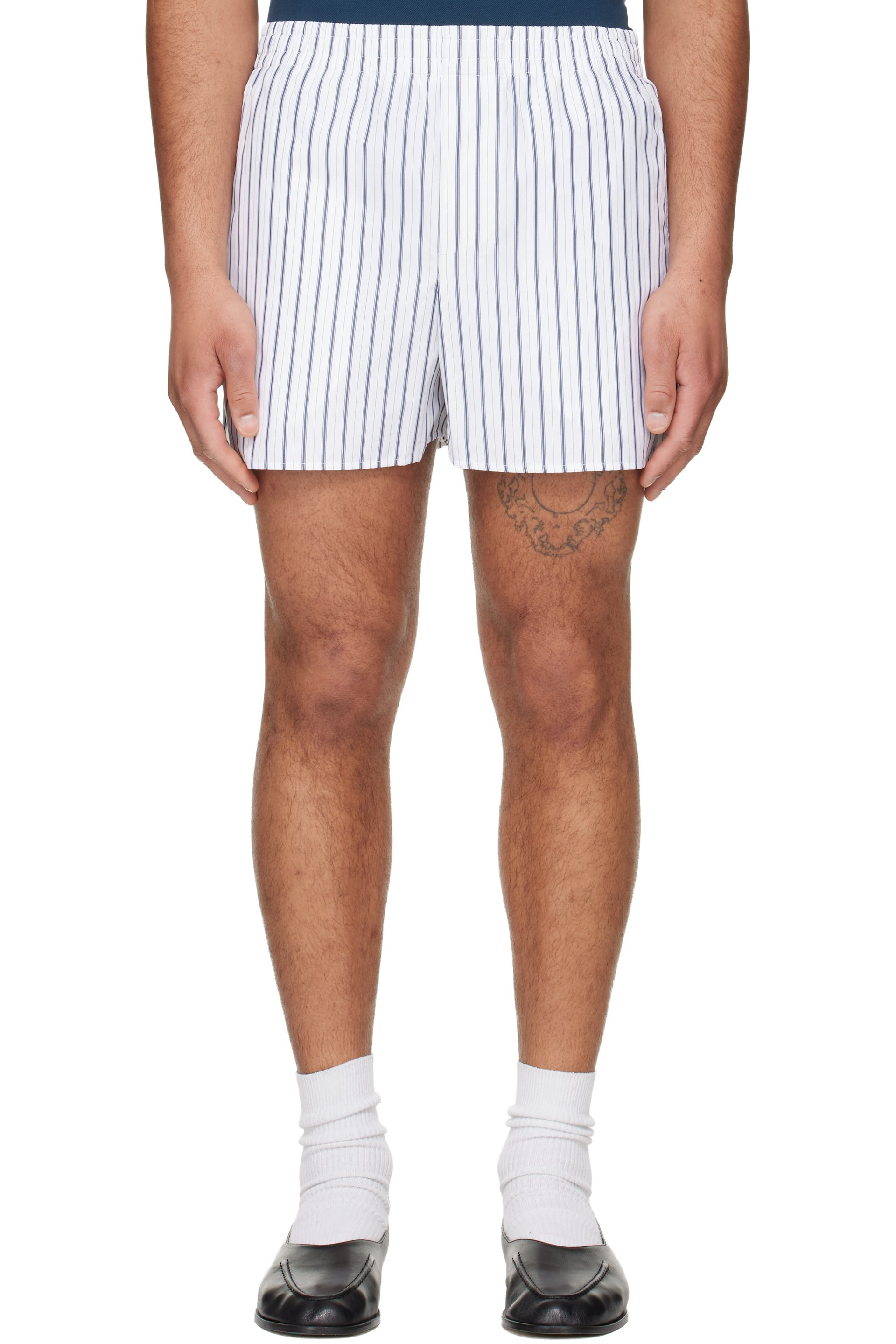 AMI Paris - White & Navy Cotton Elasticated Shorts