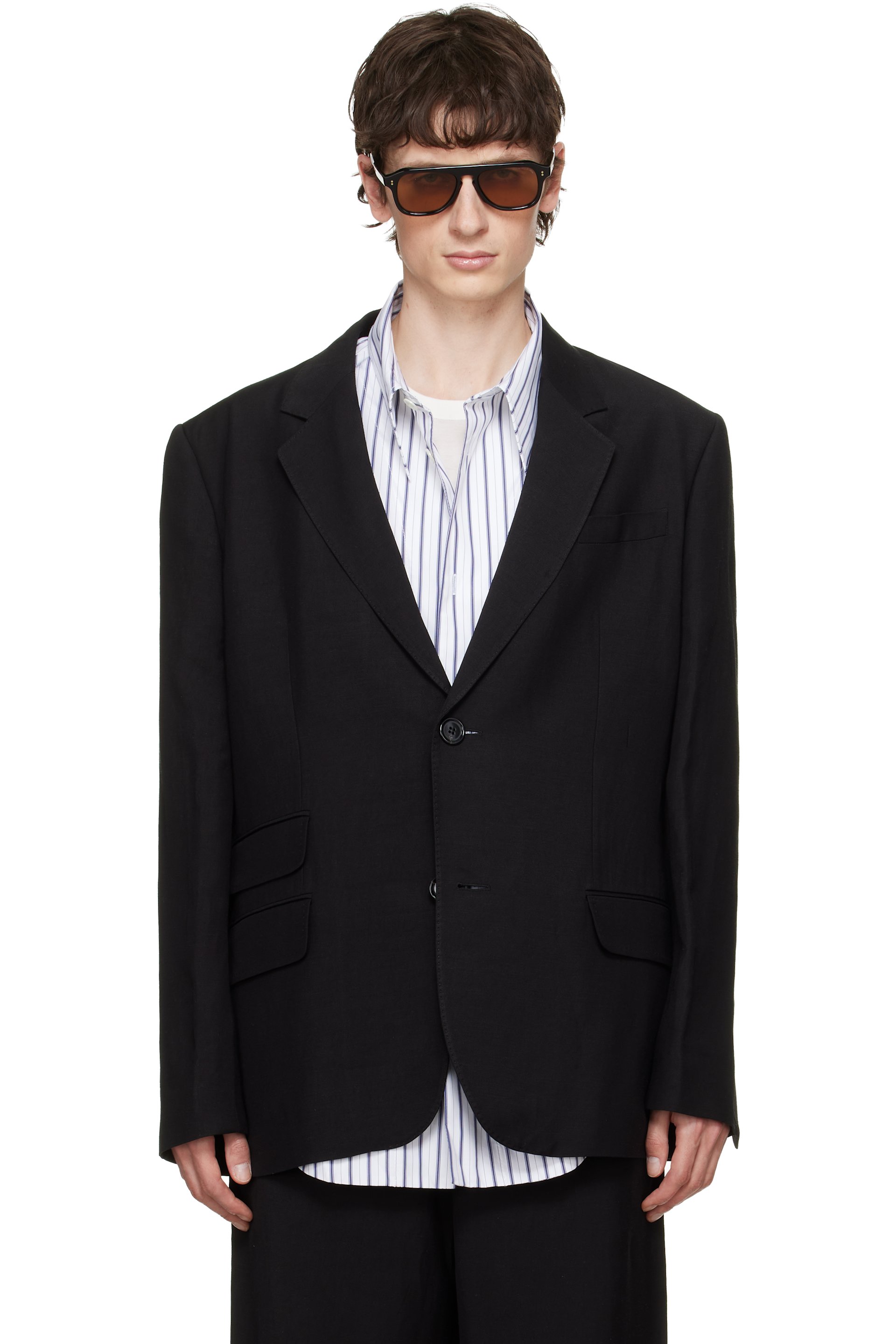 AMI Paris - Veston droit noir en lin mélangé à simple boutonnage