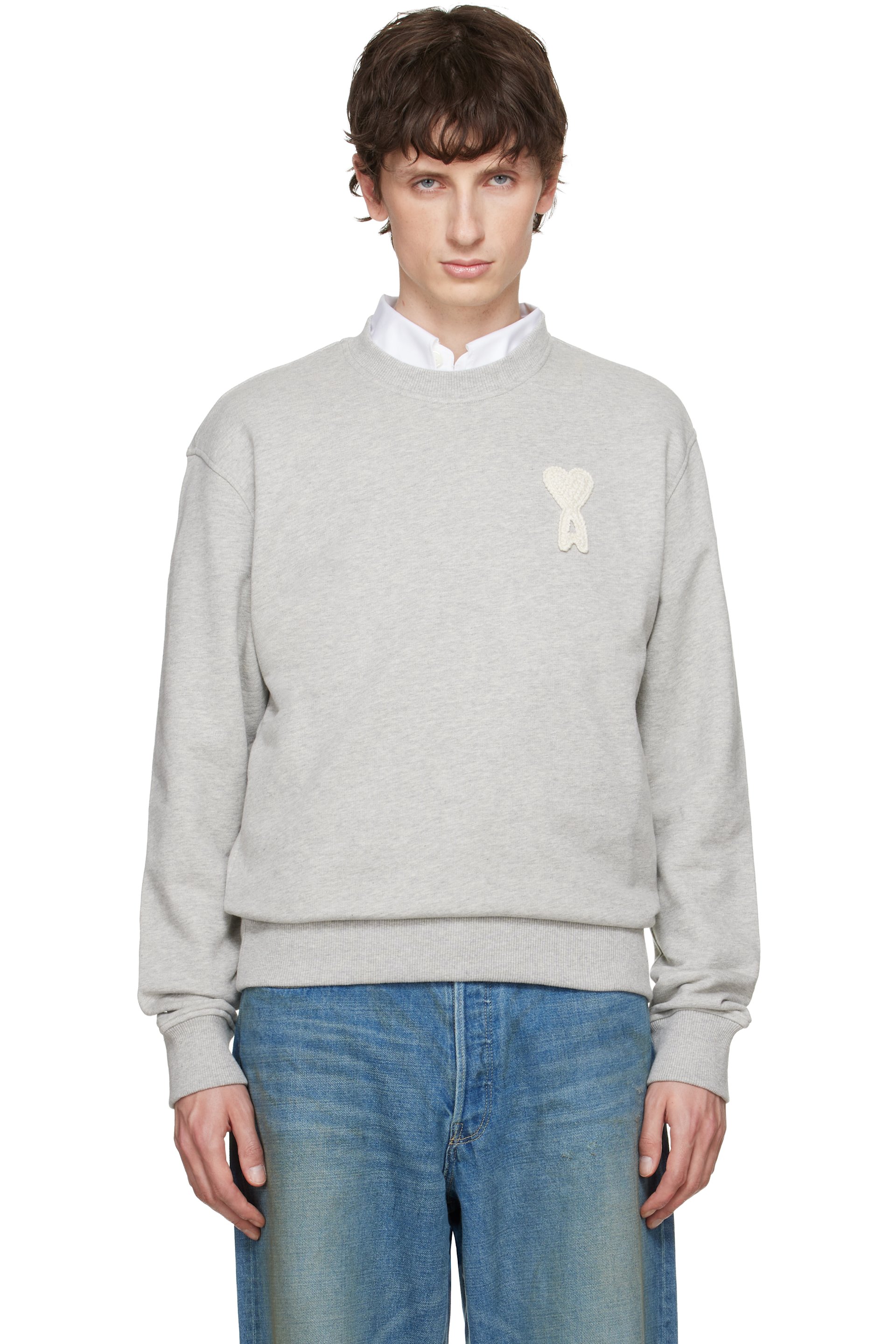 AMI Paris - Gray Cotton Crochet 'Ami de Coeur' Sweatshirt