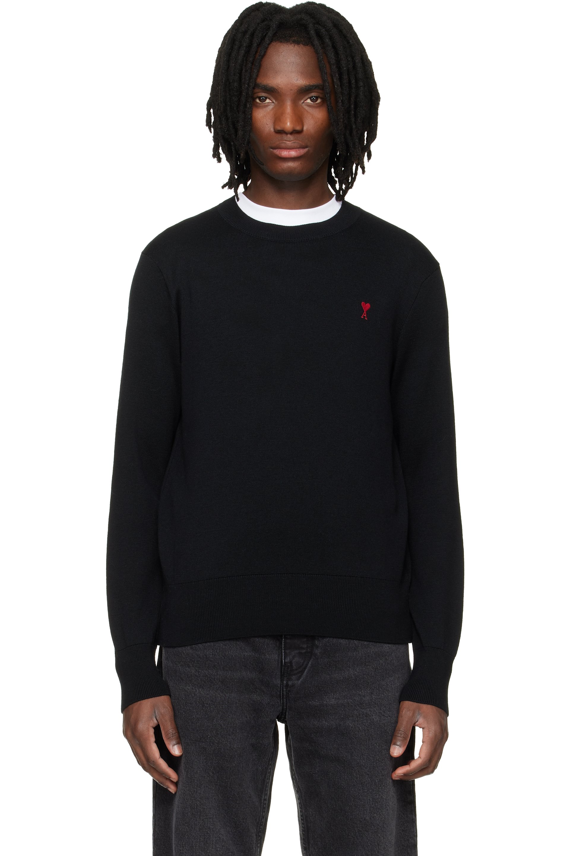 AMI Paris - Black Wool Contrasted Ami de Coeur Crewneck Sweater