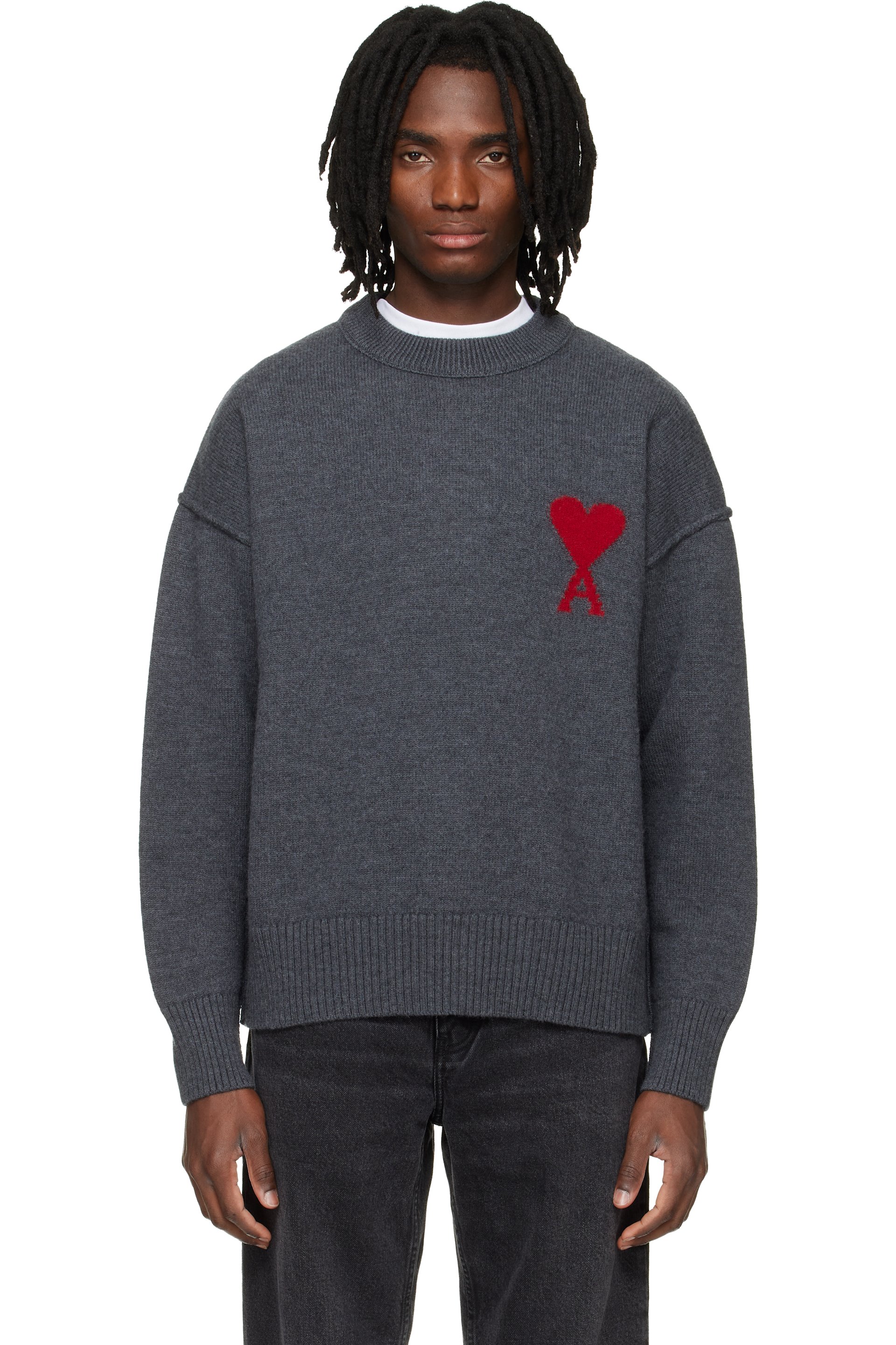 AMI Paris - Gray Wool Contrasted Ami de Coeur Crewneck Sweater