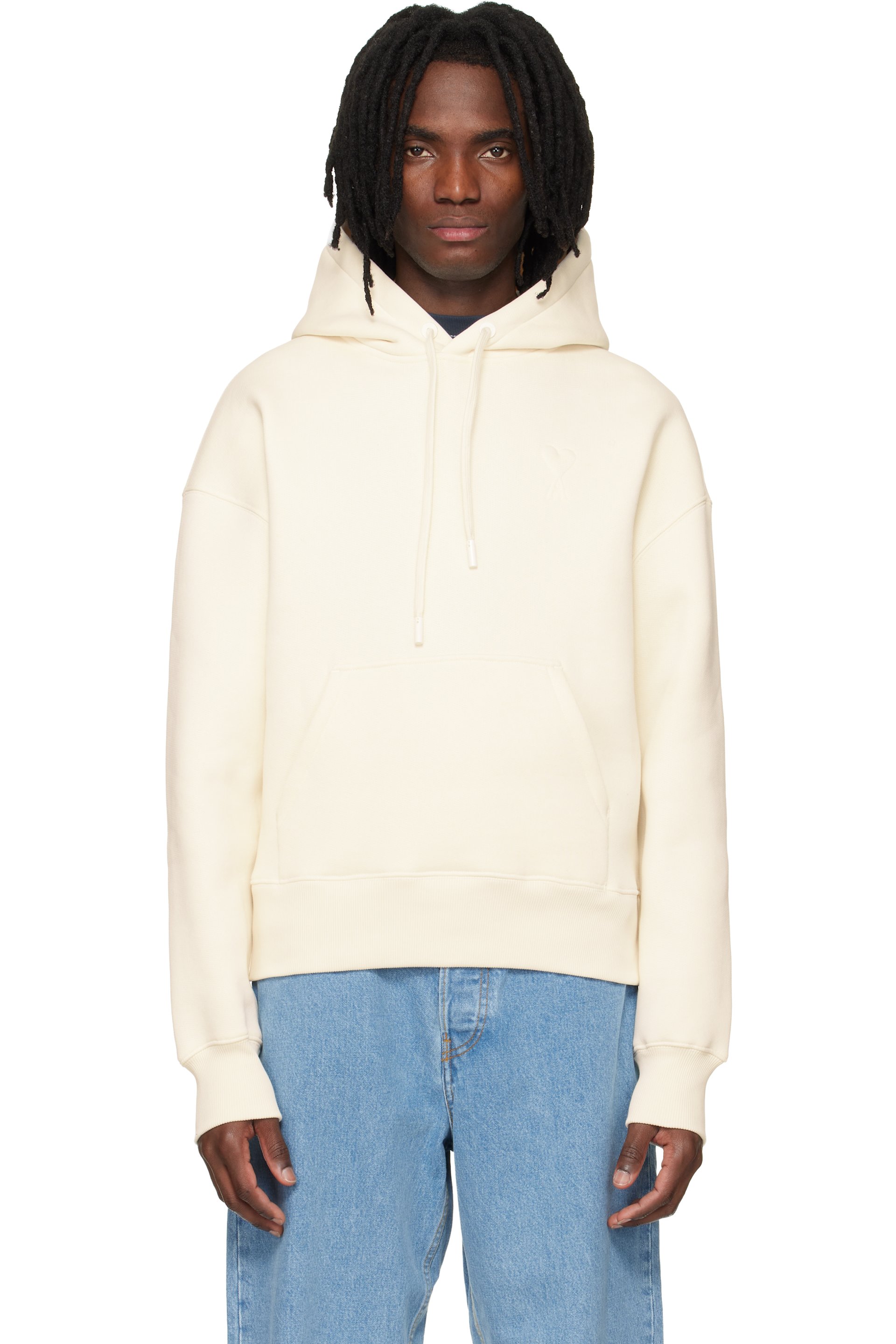 AMI Paris - Off-White Cotton Embossed Ami De Coeur Hoodie