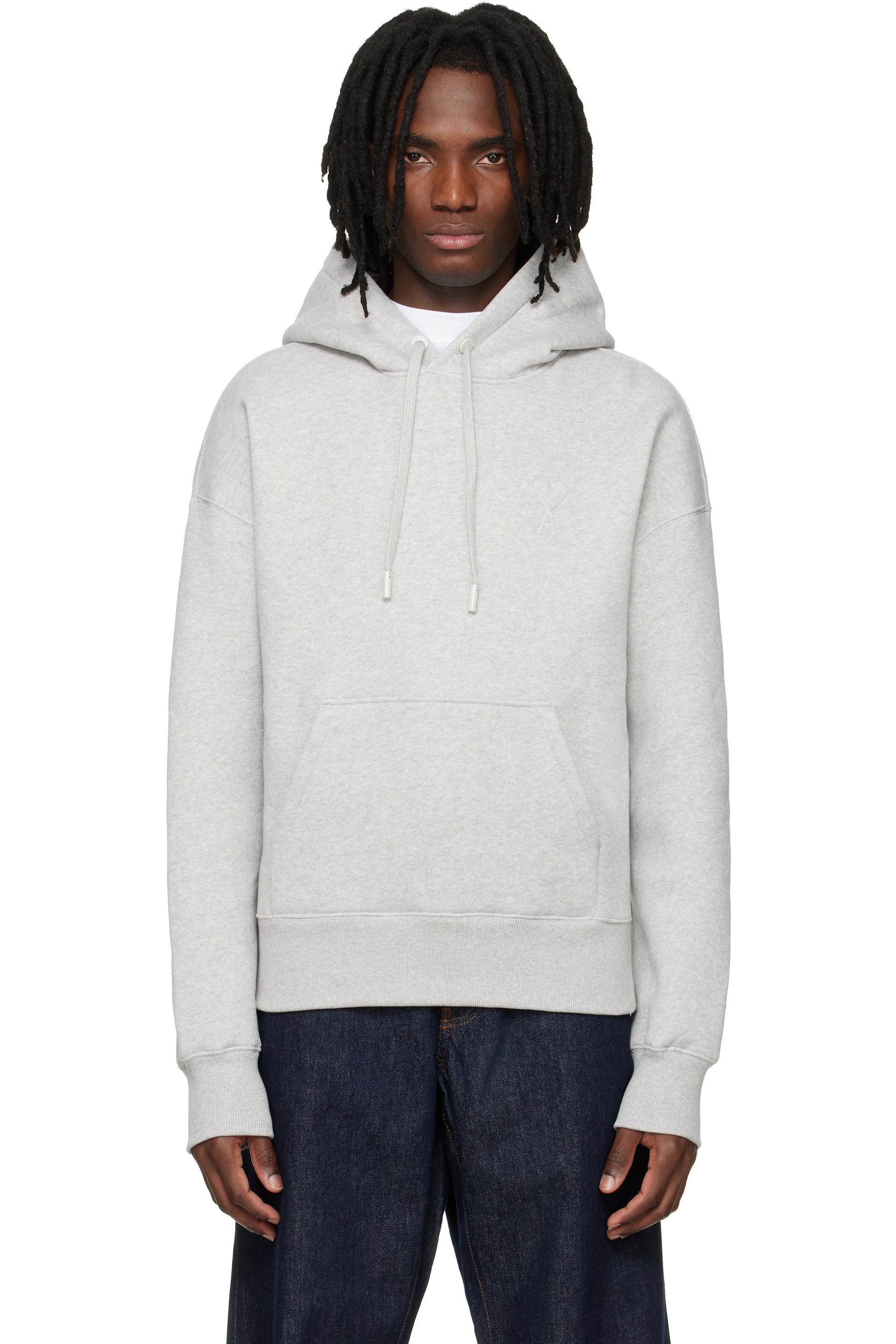 AMI Paris - Grey Cotton Embossed Ami De Coeur Hoodie