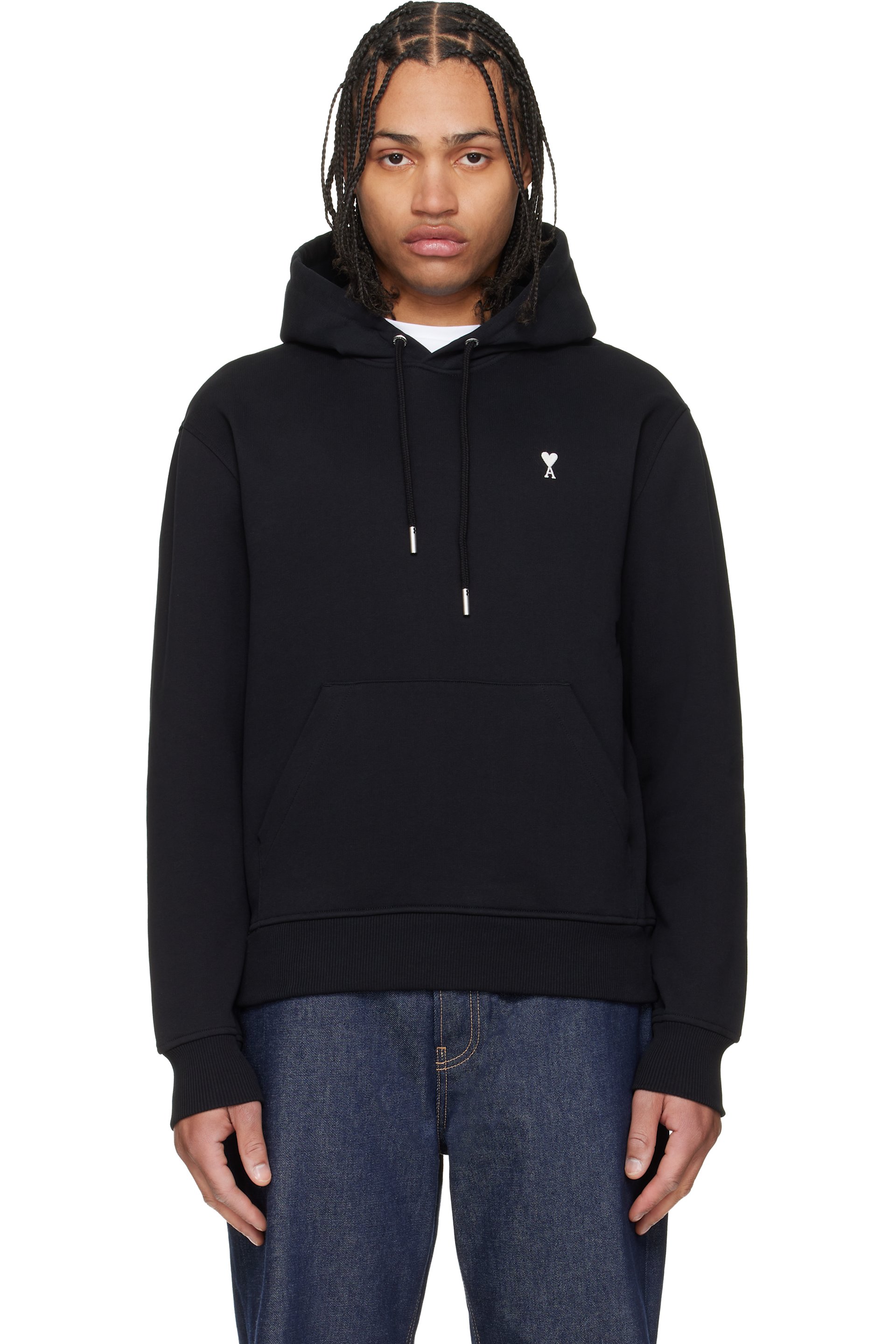 AMI Paris - Black Cotton Contrasted Ami de Coeur Hoodie