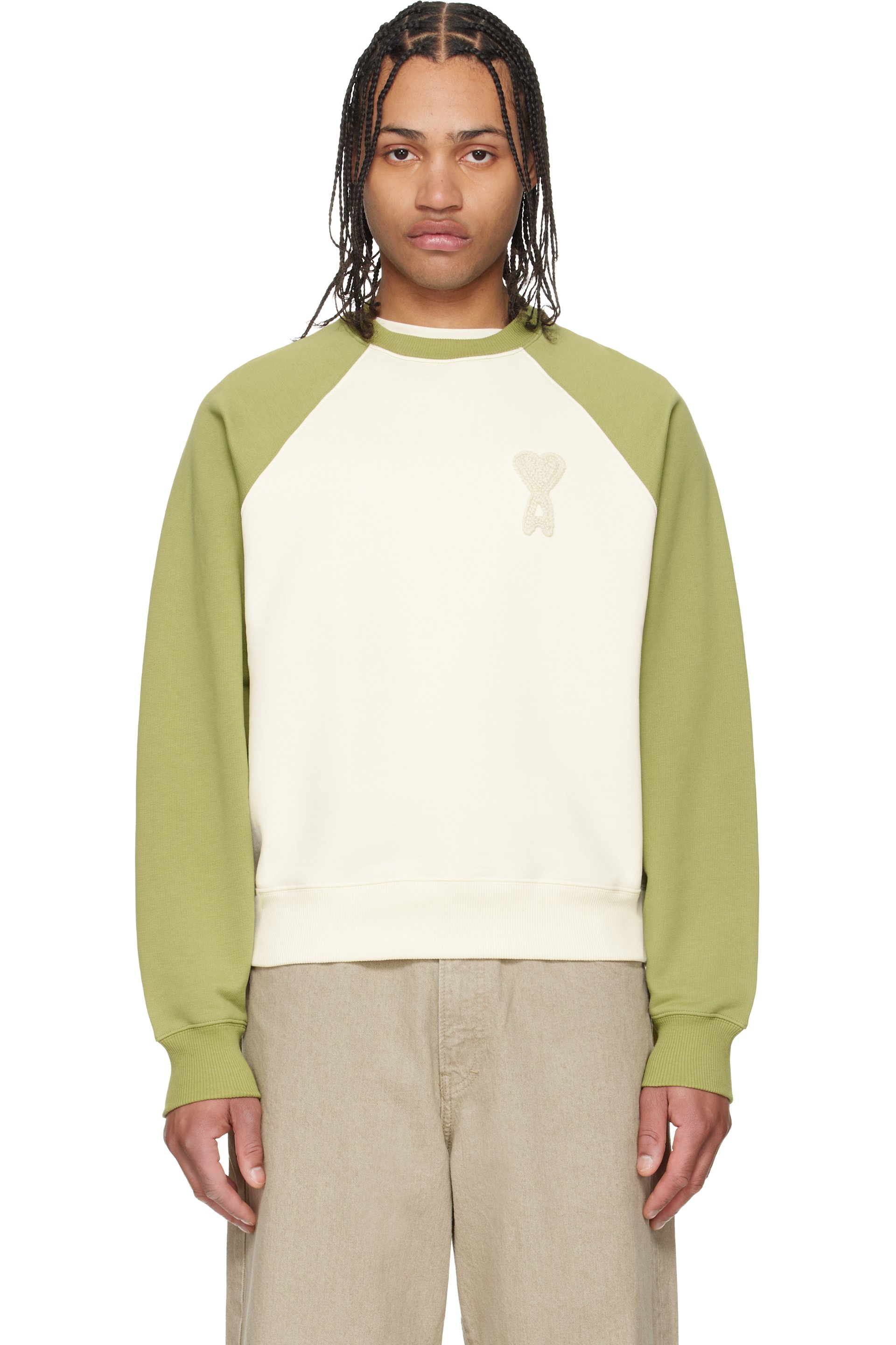 AMI Paris: Green & Off-White Cotton Knitted Ami de Coeur