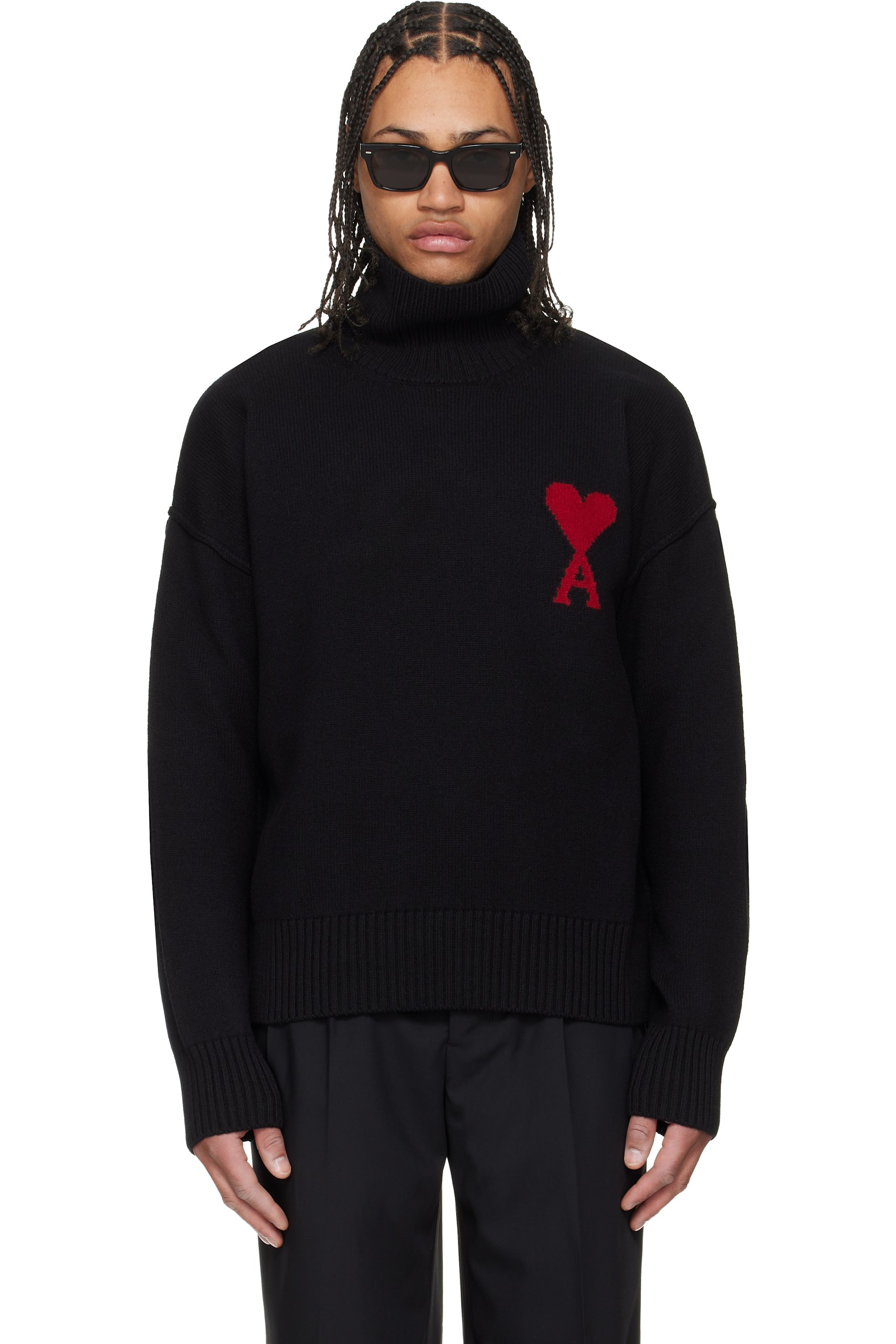 AMI Paris - Pull noir à col cheminée et à logo Ami de cœur contrastant
