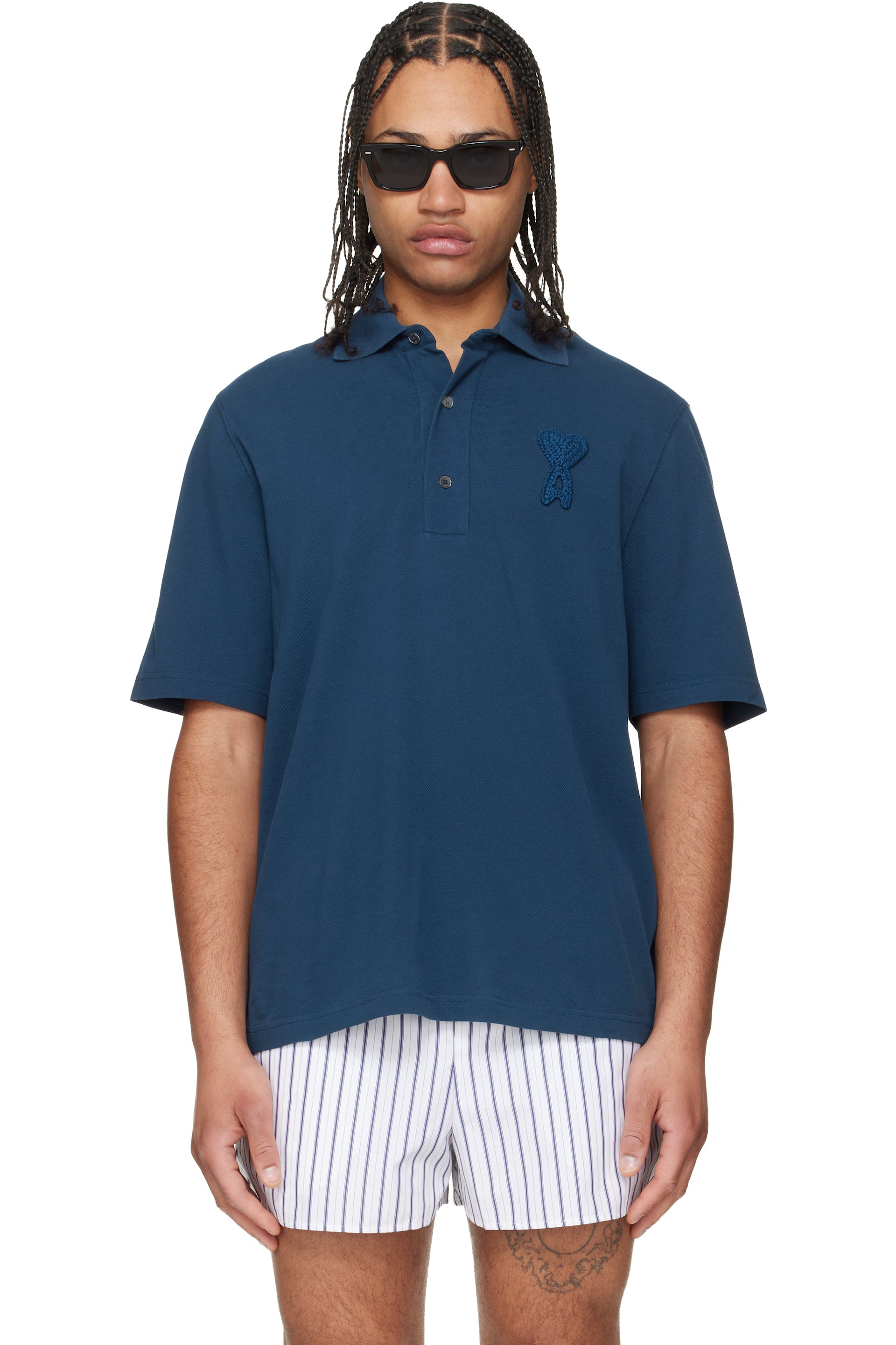 AMI Paris - Polo bleu en coton à écusson à logo Ami de cœur