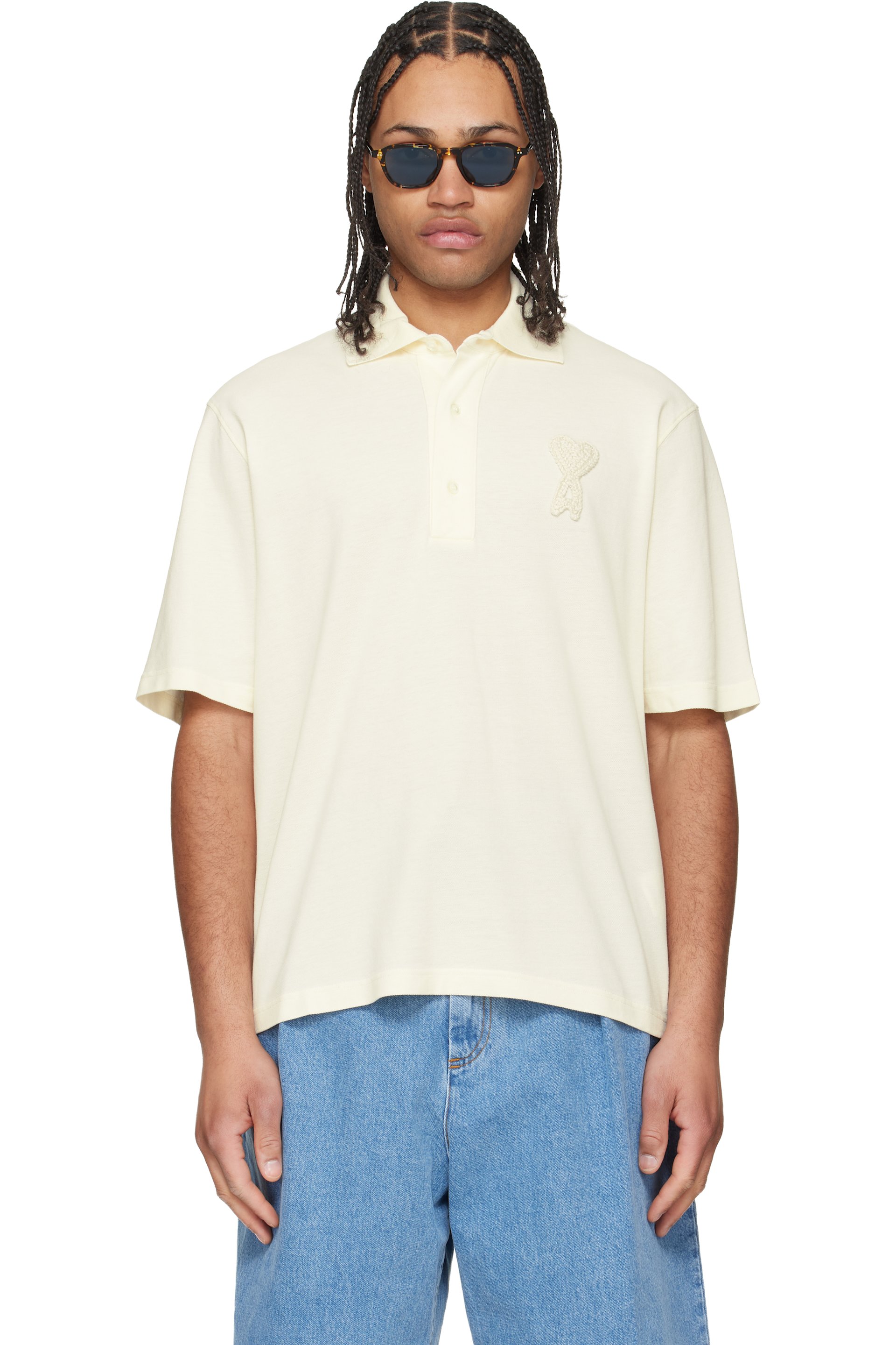 AMI Paris - Polo blanc cassé en coton à écusson à logo Ami de cœur
