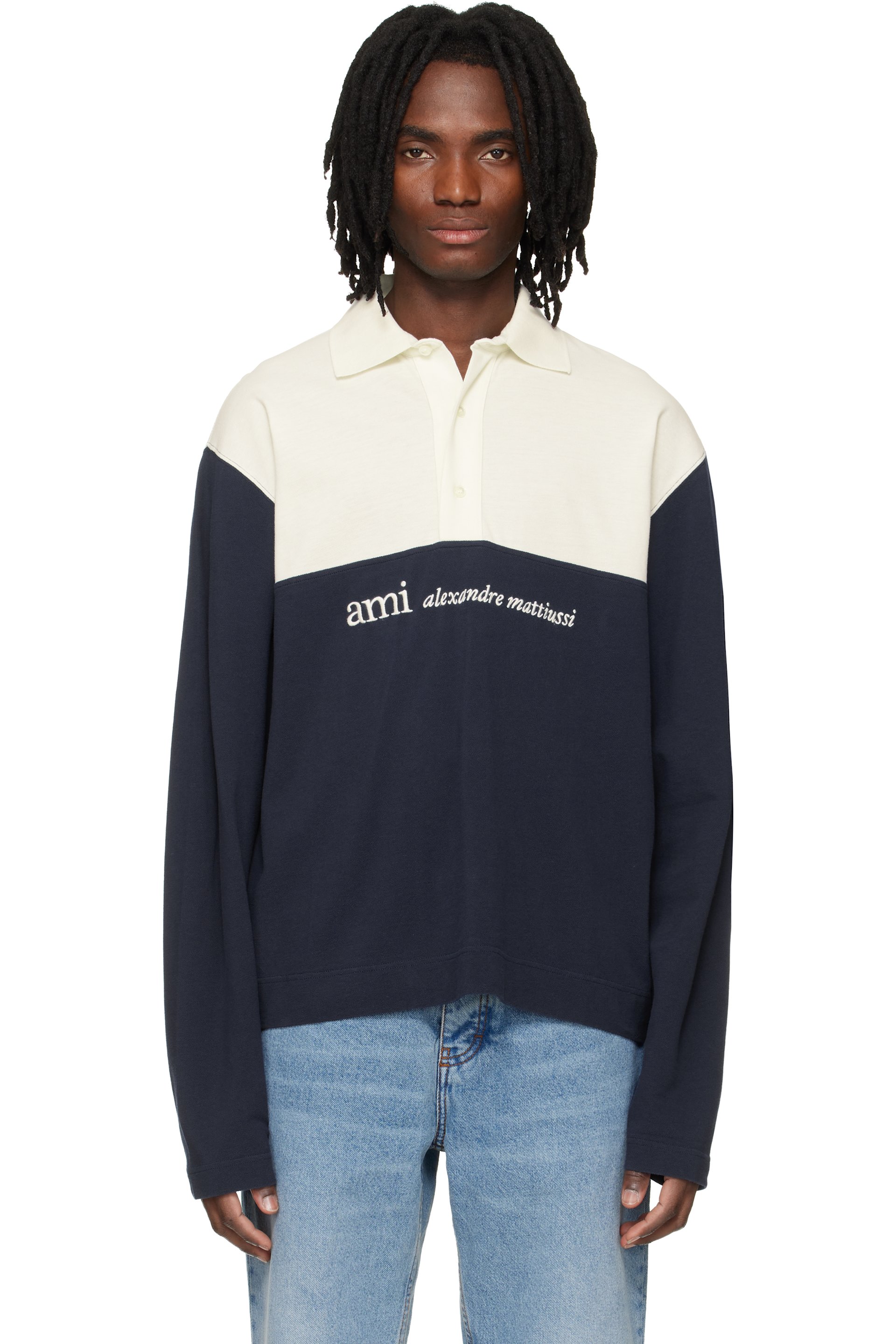 AMI Paris - Off White & Navy Embroidery Boxy Fit Polo