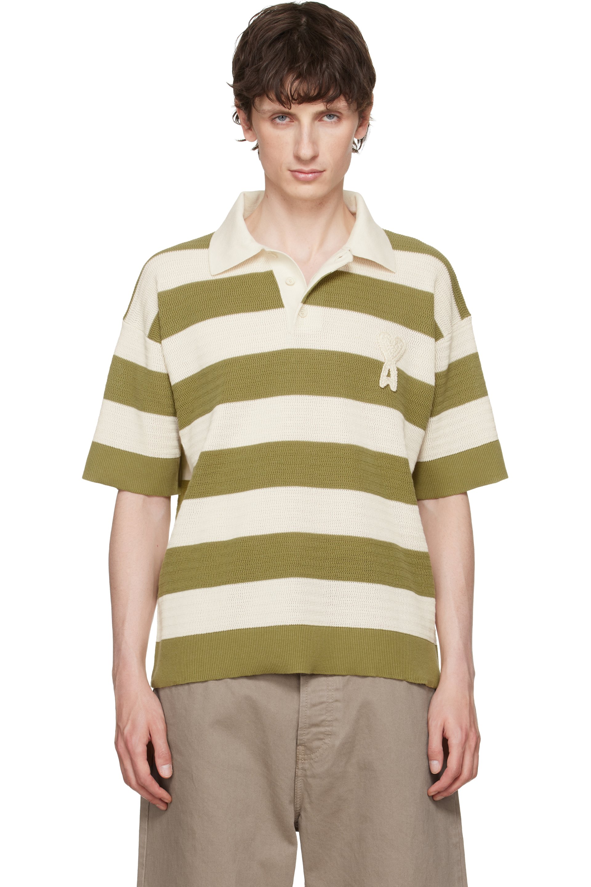 AMI Paris - Polo blanc cassé et vert en coton à logo Ami de cœur