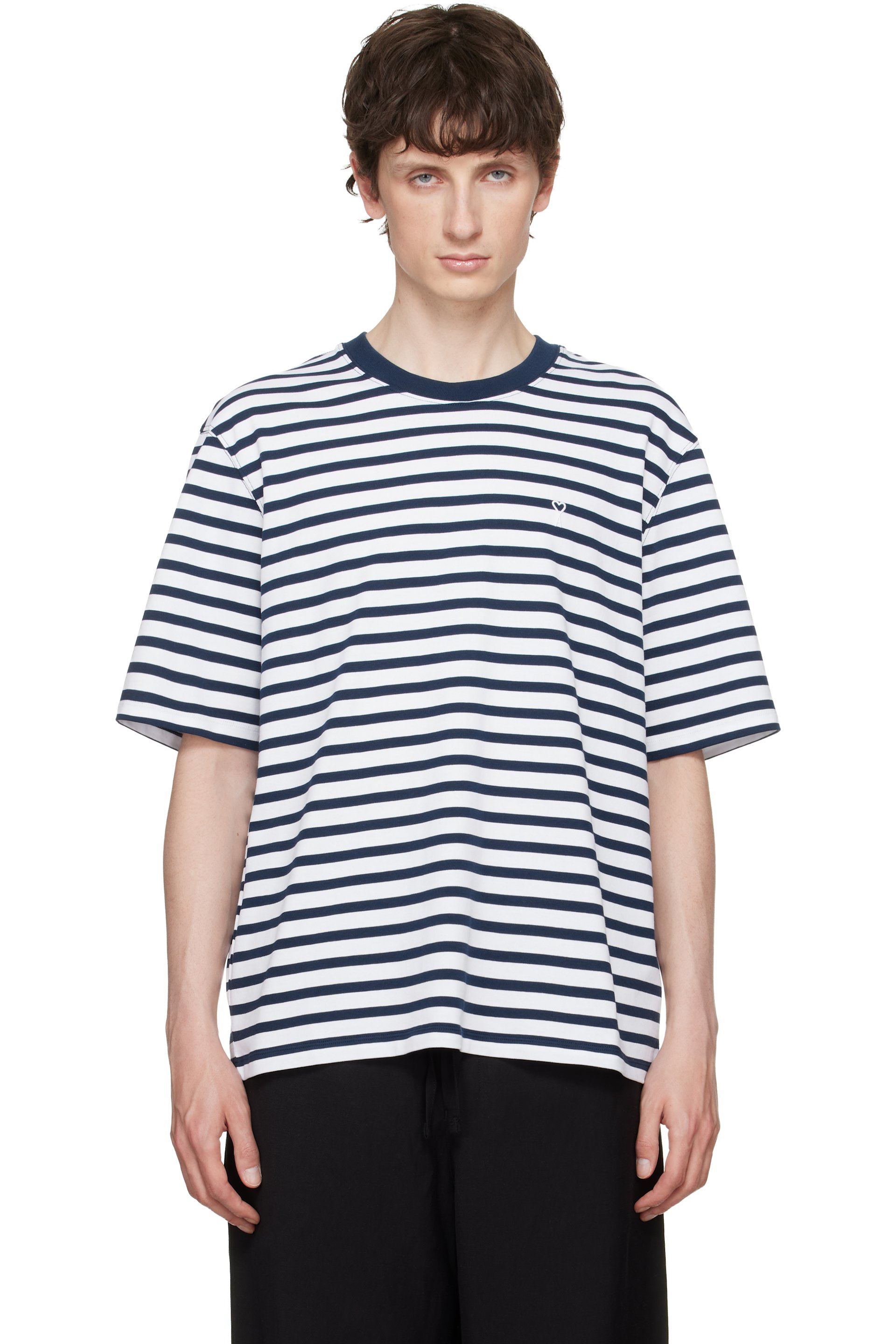 AMI Paris - White & Navy Boxy Mariniere 'Ami de Coeur' T-shirt
