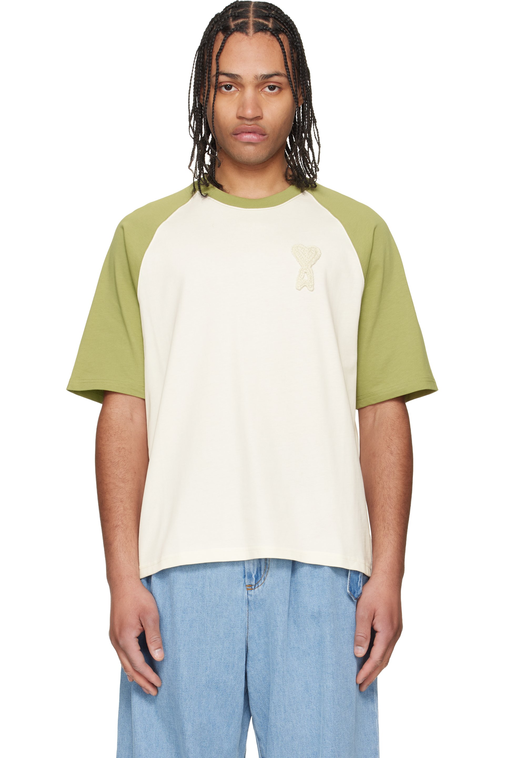 AMI Paris - White & Green Cotton Ami de Coeur Knitted Patch T-shirt