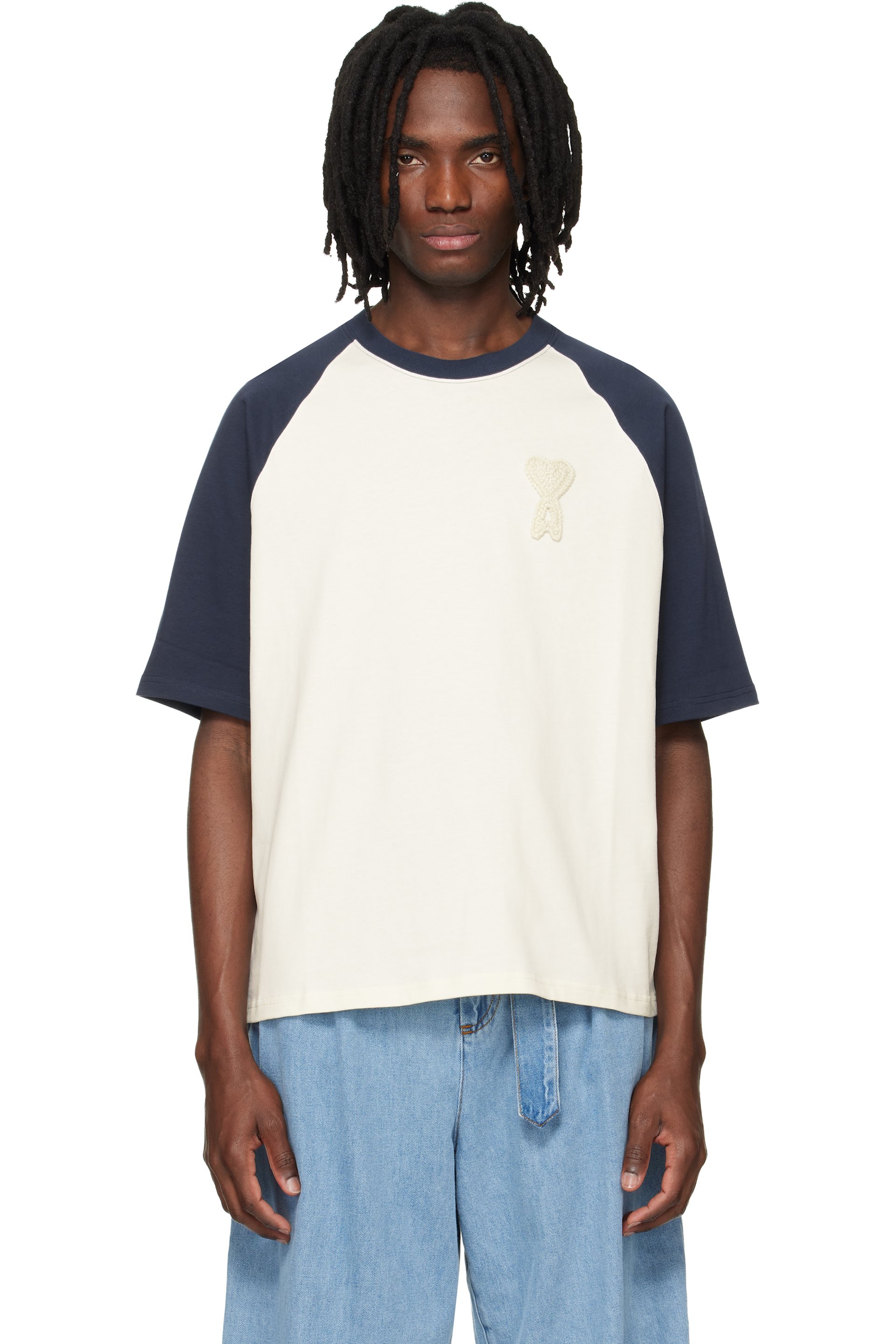 AMI Paris: ホワイト＆ブルー Ami de Coeur ニットパッチ コットン T