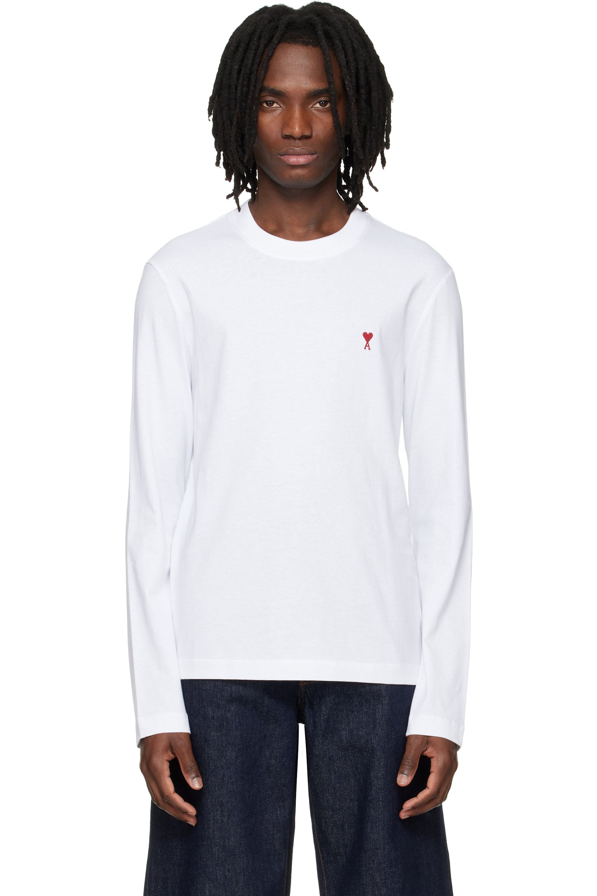 AMI Paris - White Cotton Red Ami de Coeur Longsleeves T-shirt