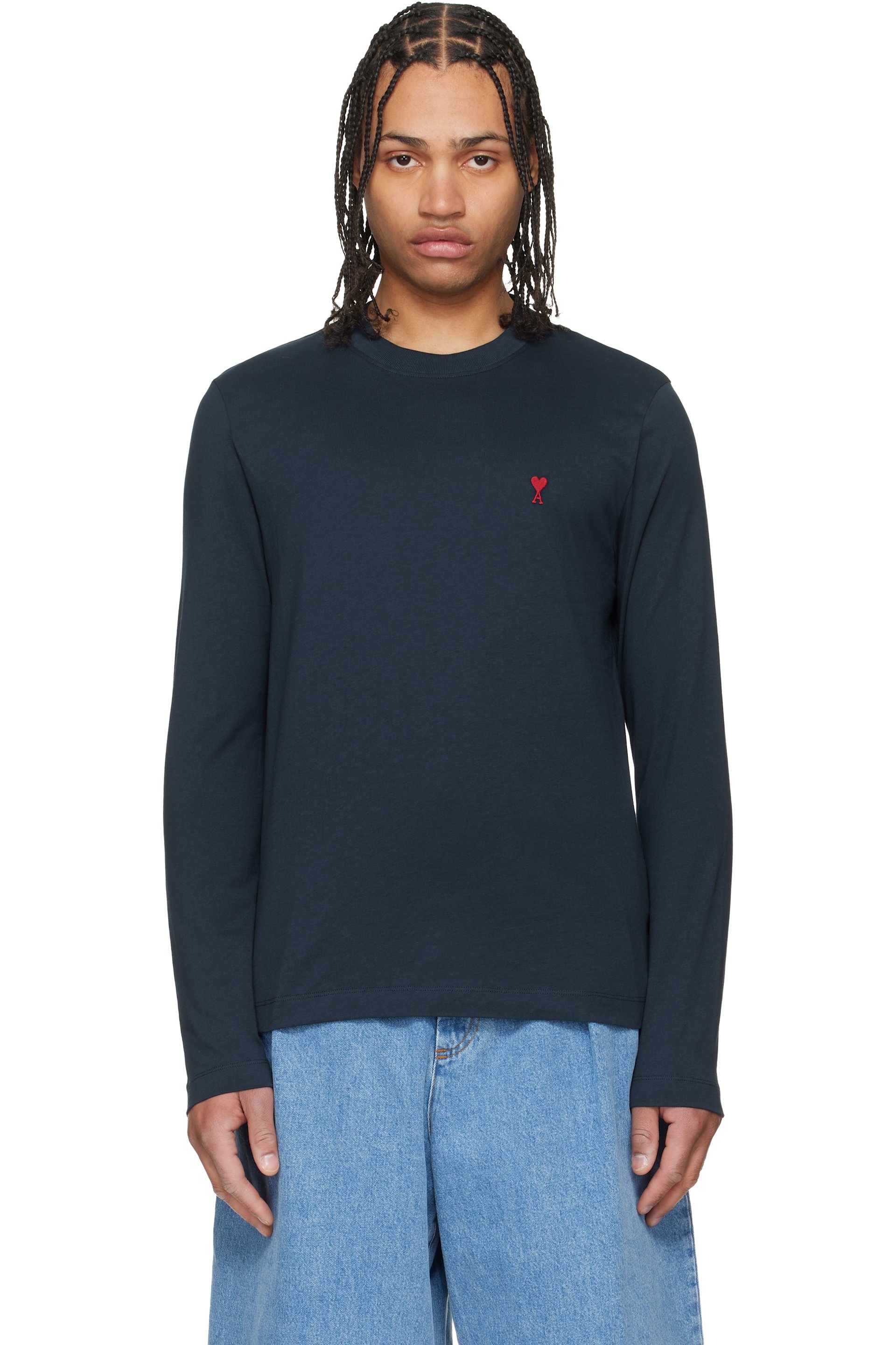 AMI Paris - Navy Cotton Ami de Coeur Long Sleeves T-shirt