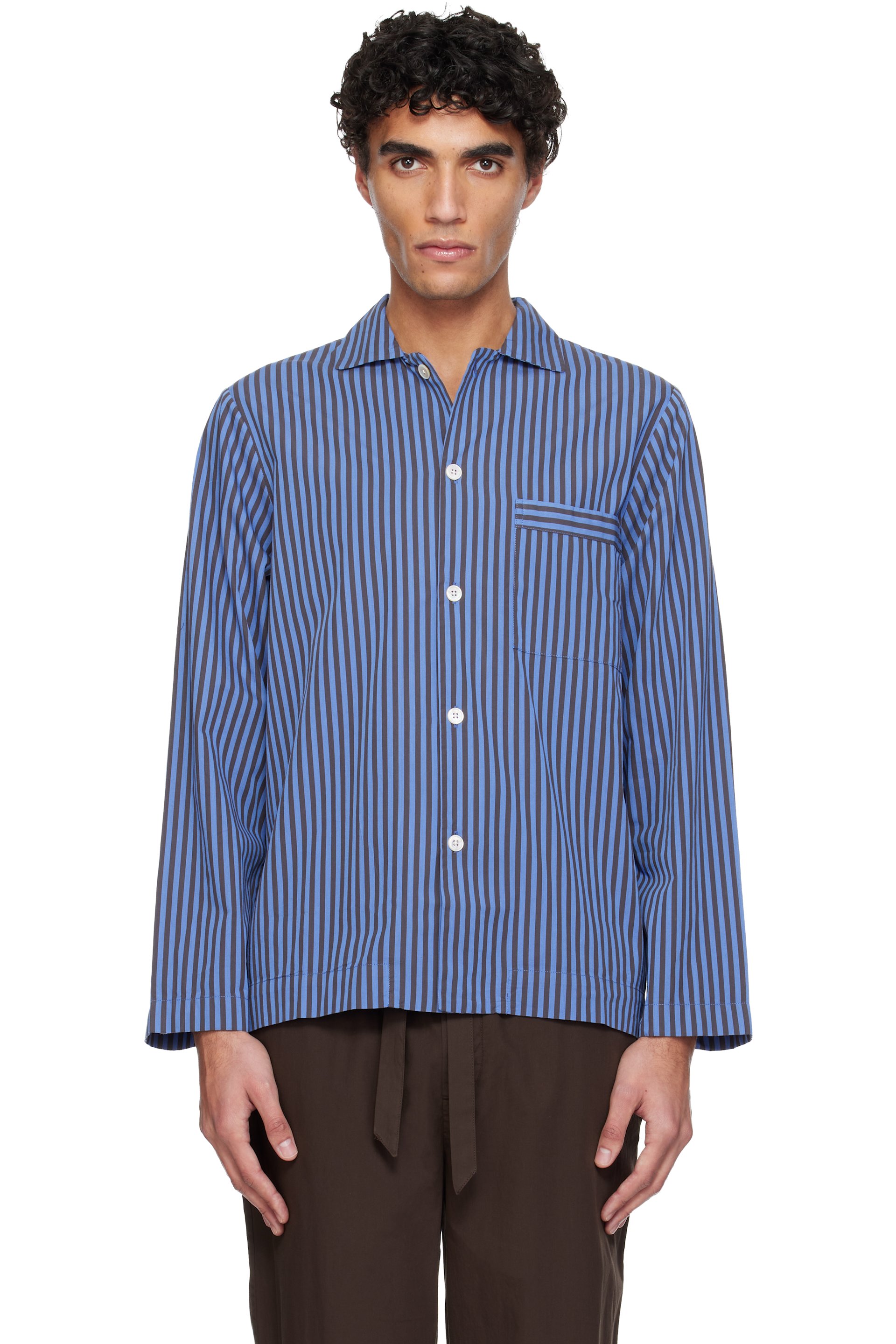 Tekla - Blue Poplin Long-Sleeved Pyjama Shirt