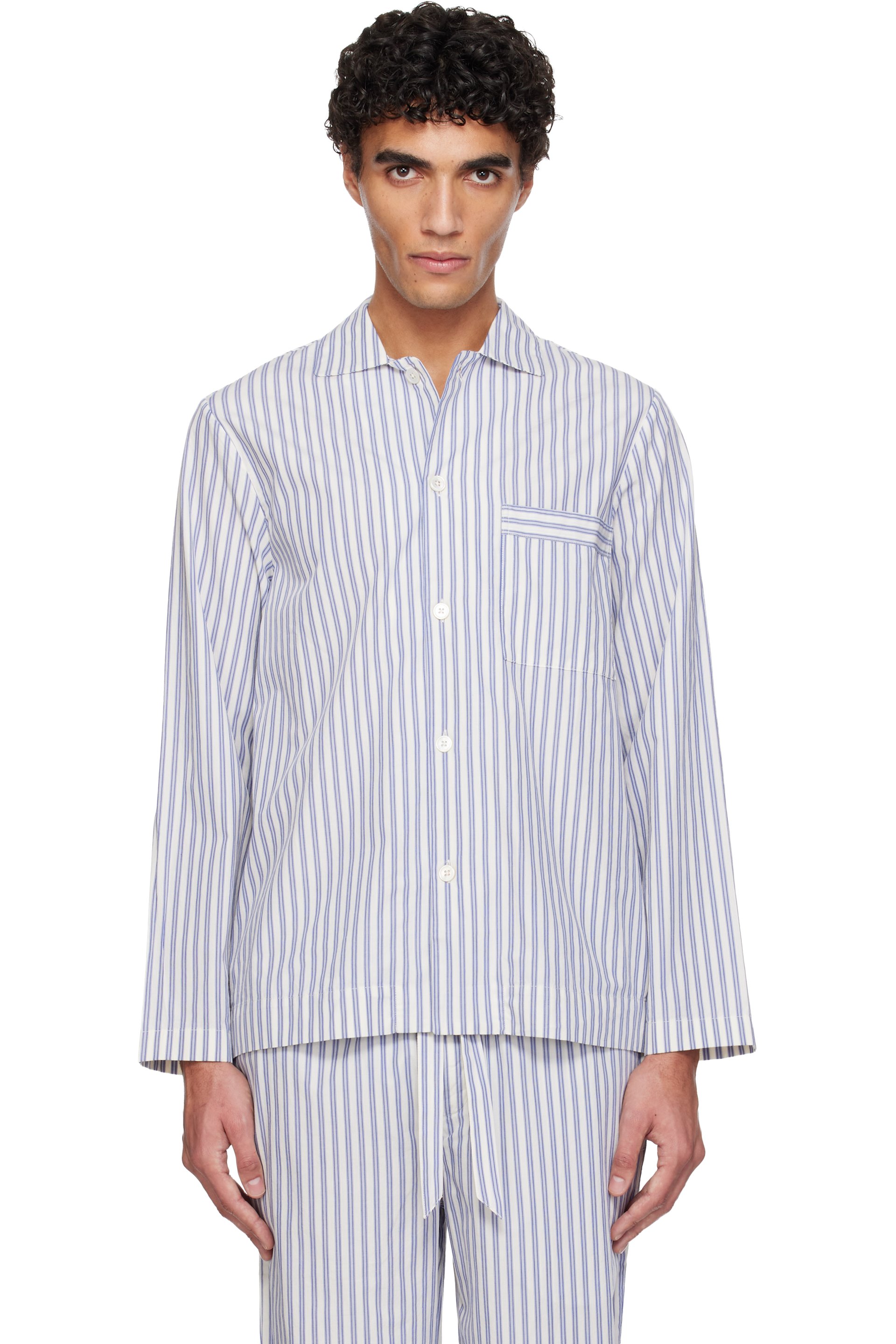 Tekla - Blue & White Poplin Long-Sleeved Pyjama Shirt