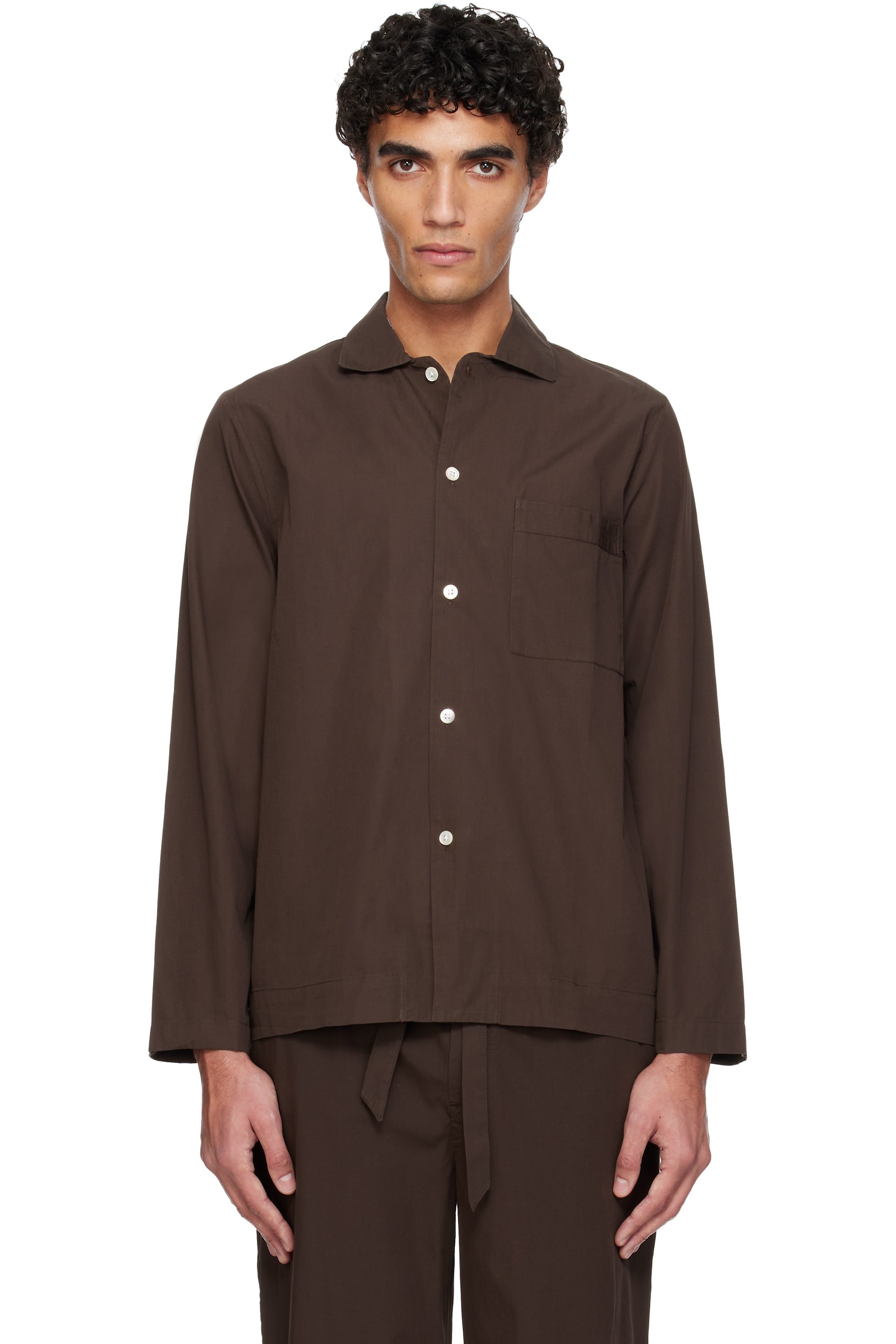 Tekla - Brown Poplin Long-Sleeved Pyjama Shirt