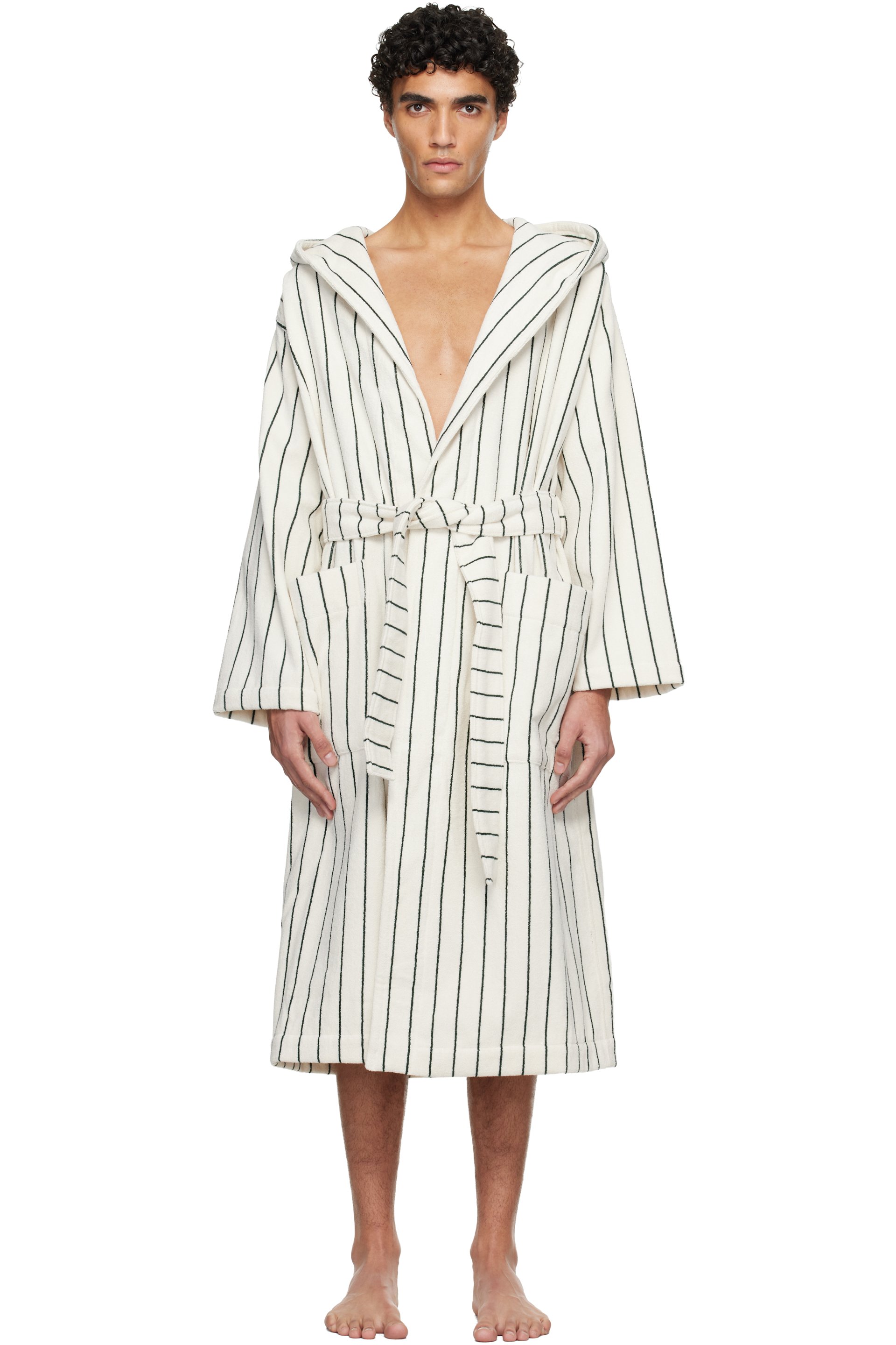 Tekla - White & Green Terry Hooded Bathrobe