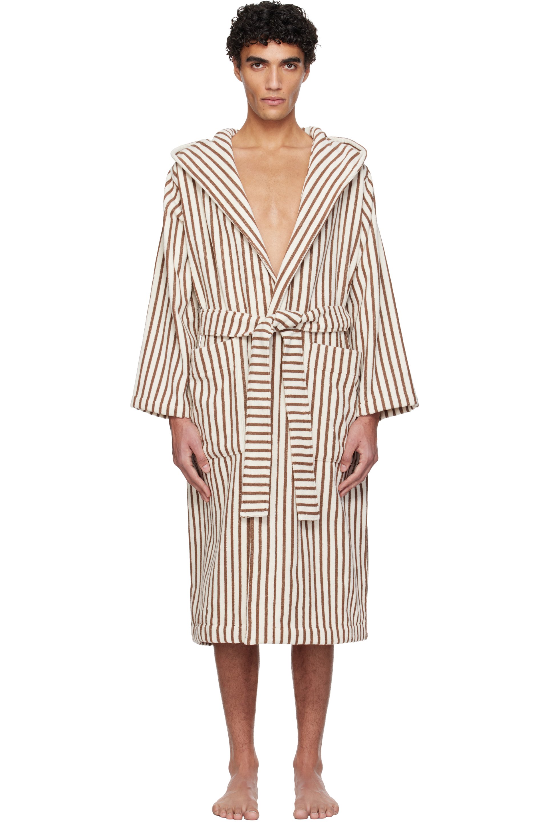 Tekla - Off-White & Brown Terry Hooded Bathrobe