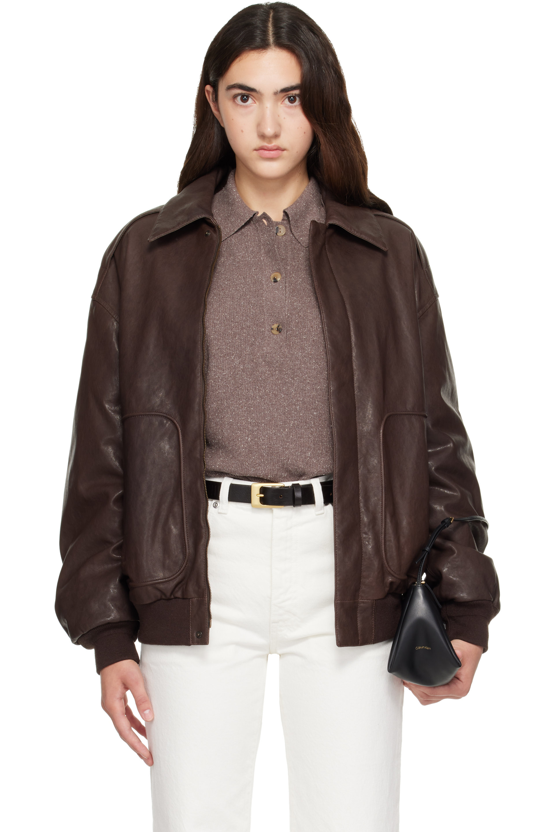 Calvin Klein Collection - Brown Leather Bomber Jacket