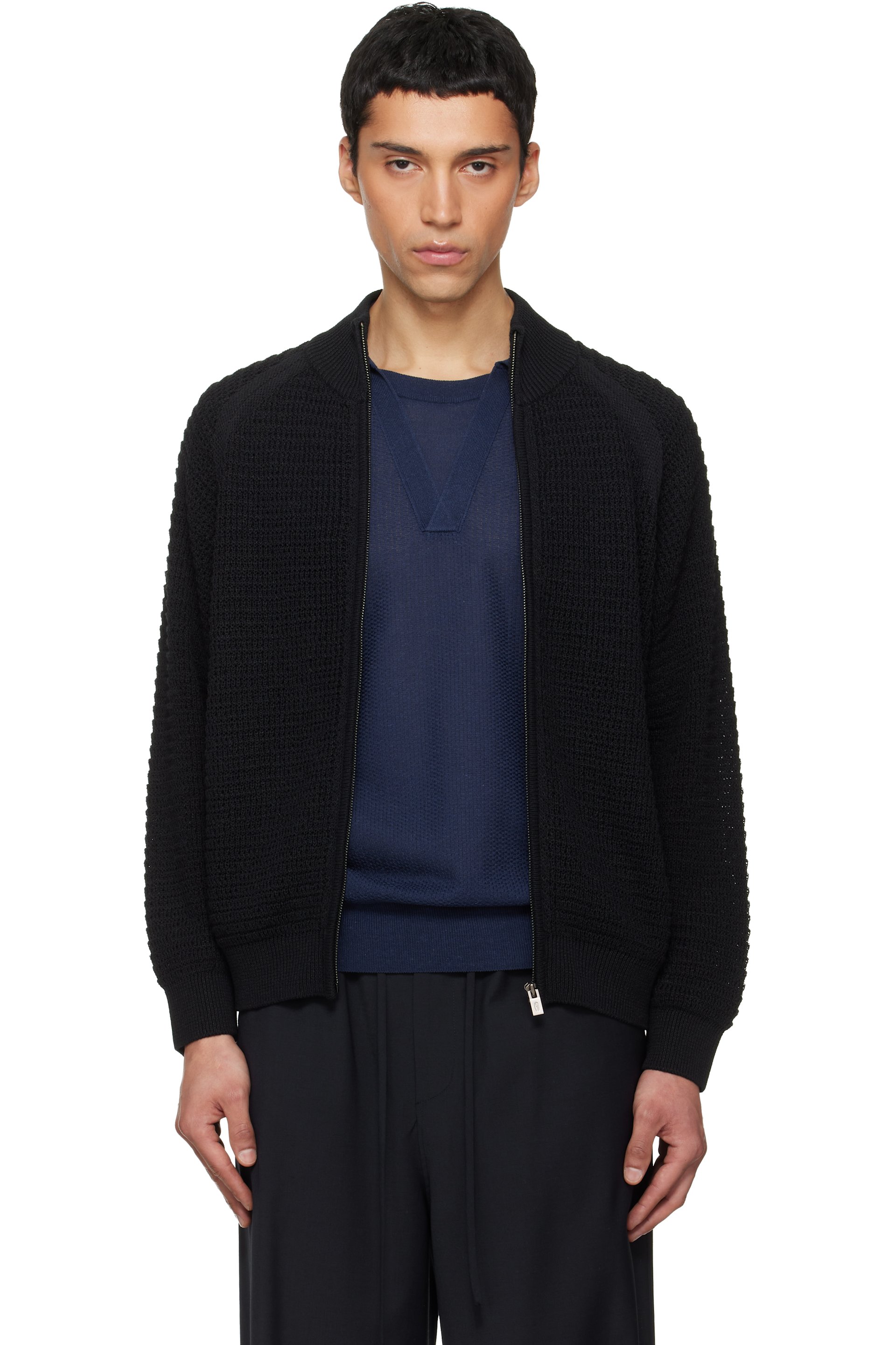 LE17SEPTEMBRE - Cardigan noir en tricot à mailles ouvertes à glissière