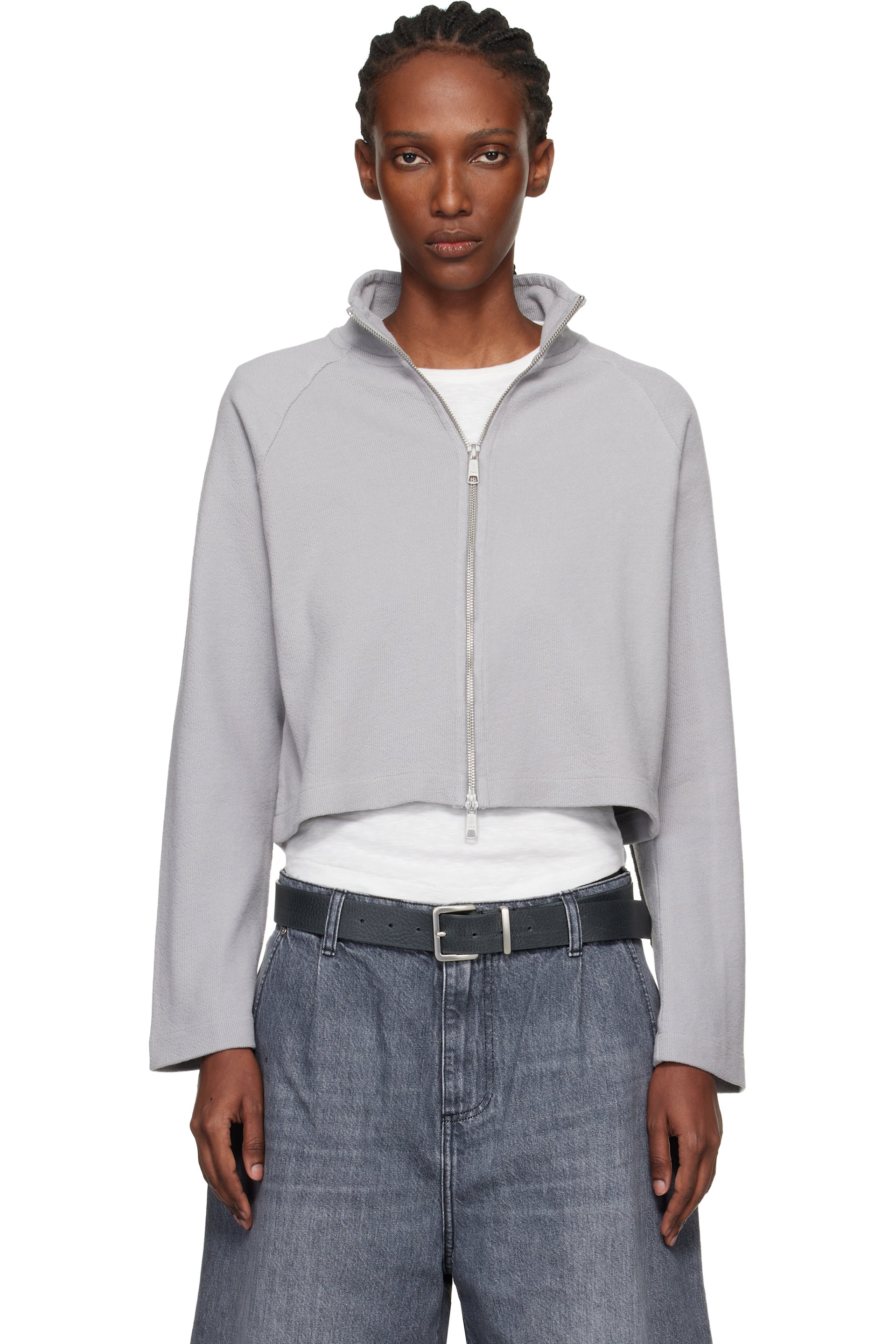 Gray Cropped Leisure Zip Up Track Jacket by mfpen on Sale Gray Cropped Leisure Zip Up Track Jacket by mfpen on Sale
