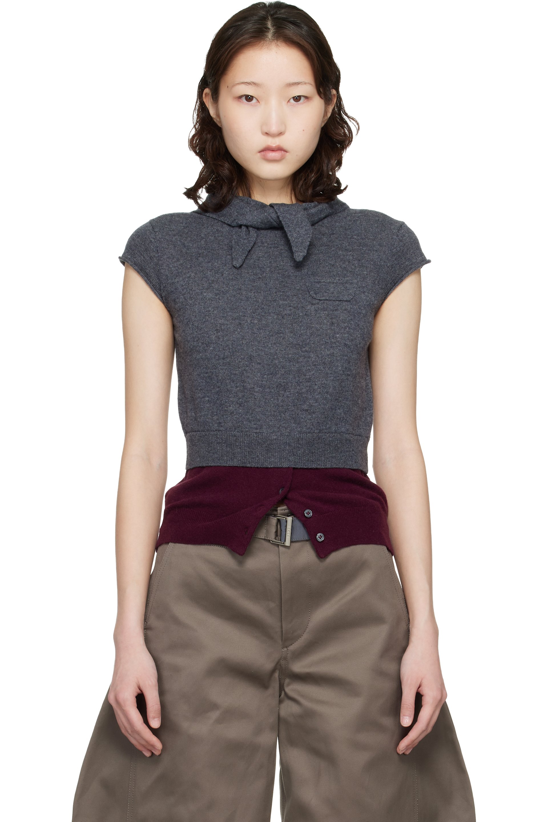 Meryll Rogge - Gray & Burgundy Crew Neck Cap Sleeve Bandana Sweater