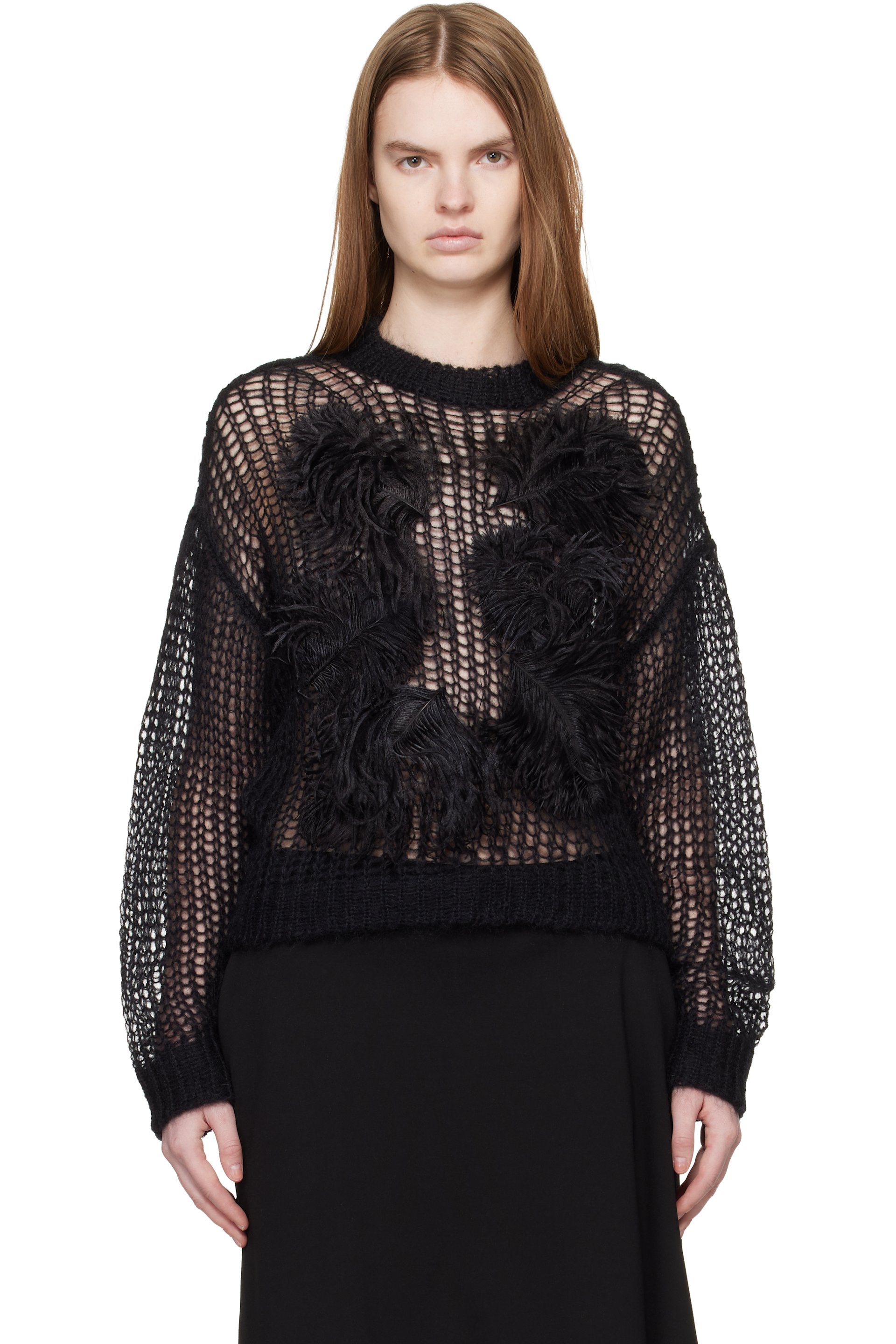 The Attico - Pull léger noir en mohair à appliqués à plumes