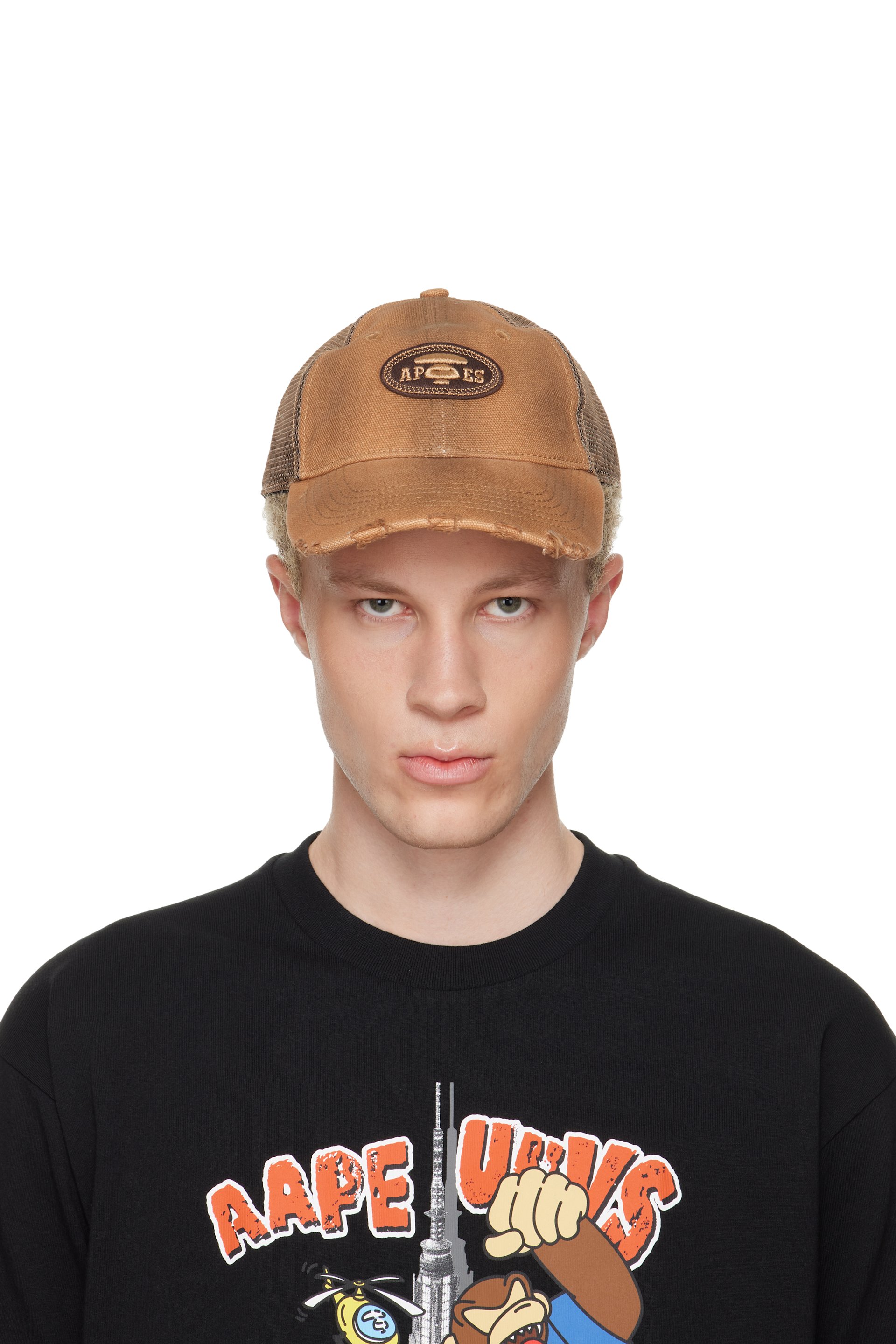 AAPE by A Bathing Ape - Tan Moonface Logo Distressed Cap