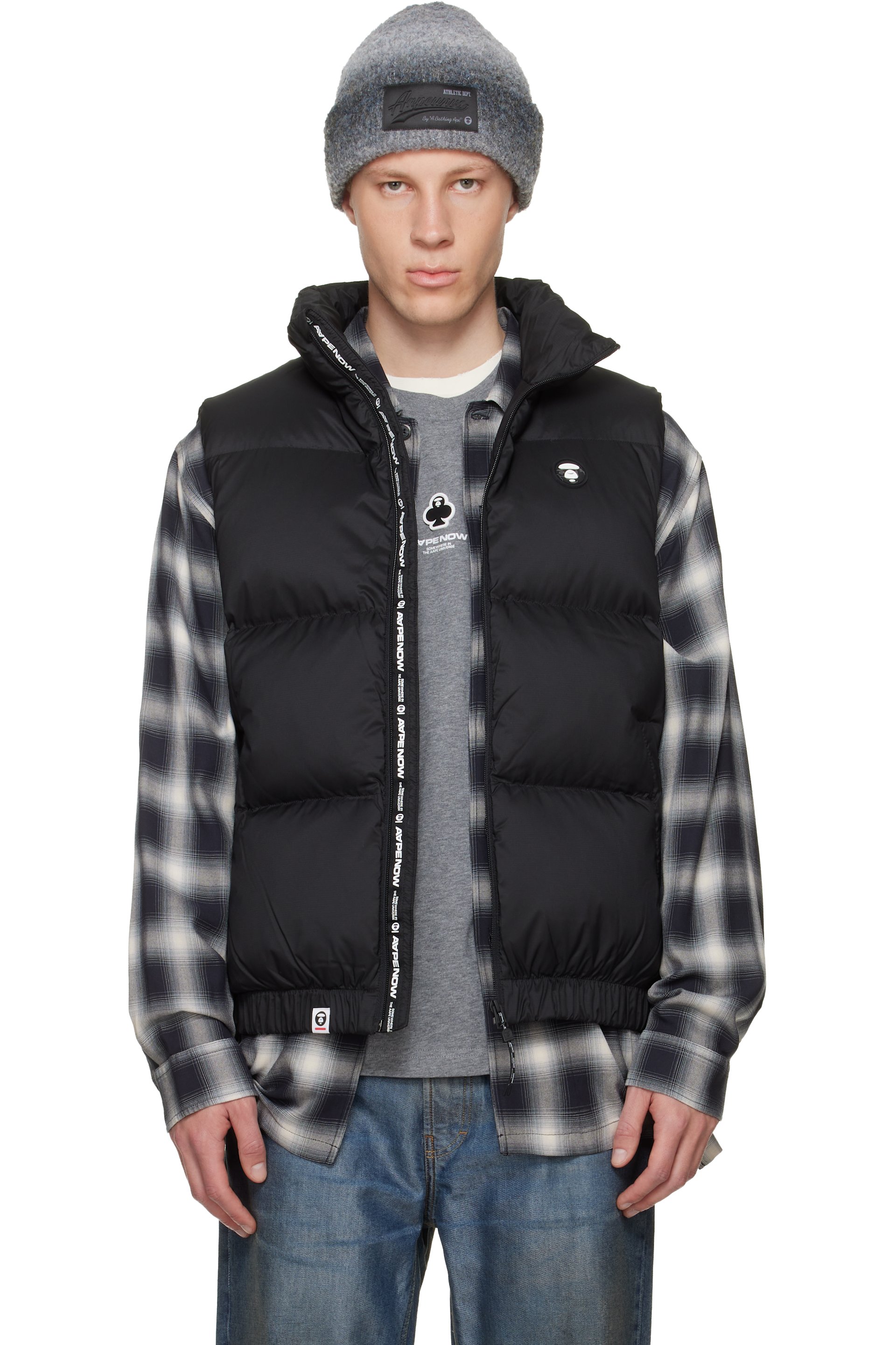 AAPE by A Bathing Ape: Black 'AAPENOW' Moonface Down Vest | SSENSE